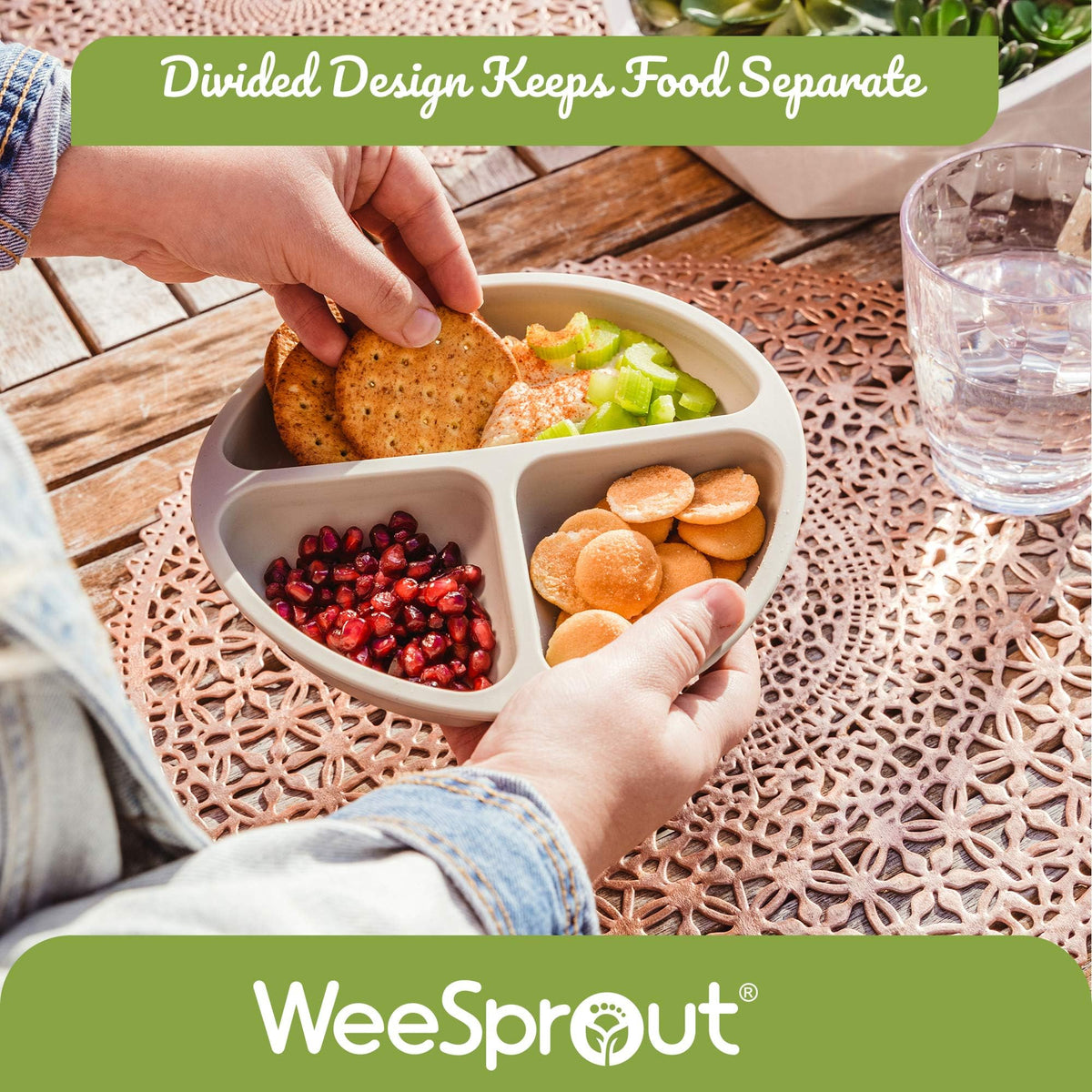 WeeSprout - Platos de silicona divididos para niños (3 unidades, fácil de limpiar, aptos para lavaplatos y microondas, suave, antideslizante e irrompible, silicona con certificación FDA/LFGB), ideal para bebés o niños mayores, Green, Blue & Purple