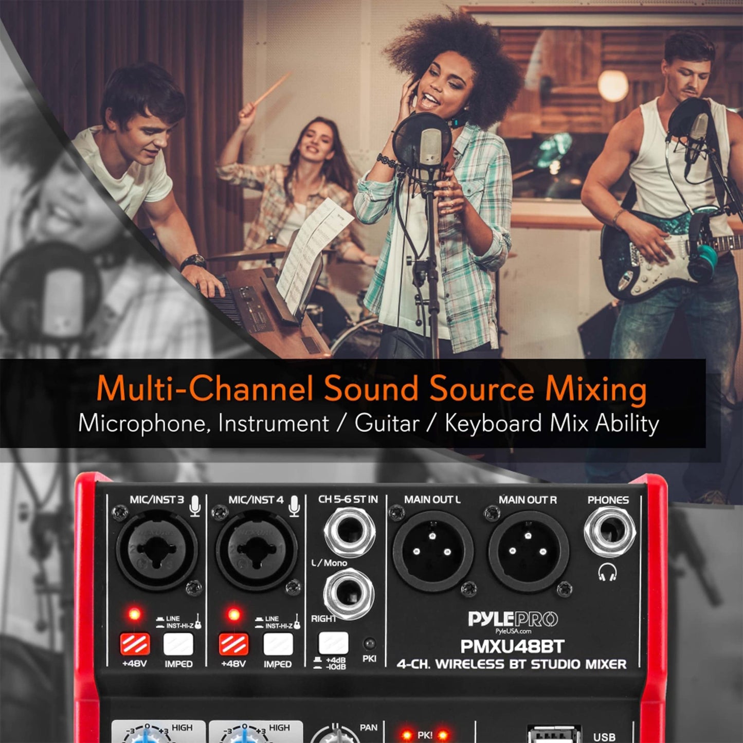 Consola de DJ Digital Pyle Rojo Compatible con Bluetooth y Mezclador USB 4 Canales