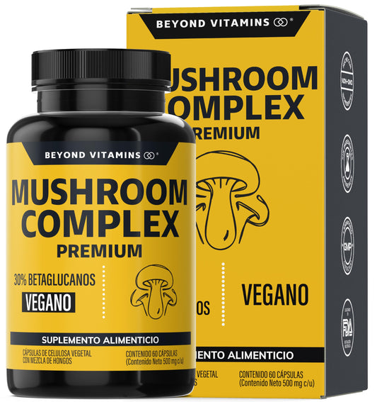 Beyond Vitamins | Mushroom Complex Premium con exclusiva mezcla de 6 hongos adaptógenos | Extractos altos en Betaglucanos, Polisacáridos y Triterpenos para resultados óptimos | Melena de León, Cordyceps, Reishi, Maitake, Chaga y Coriolus Versicolor | 2 me