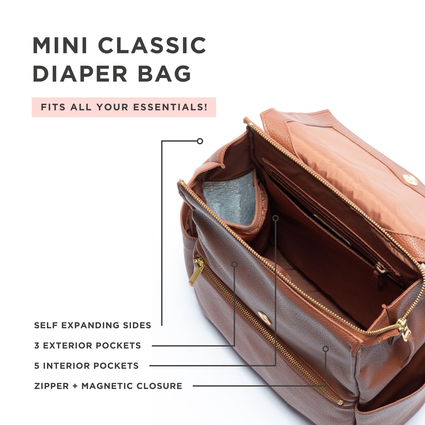 Freshly Picked Mochila Convertible Mini Pañalera Clásica, Talla Única Coñac