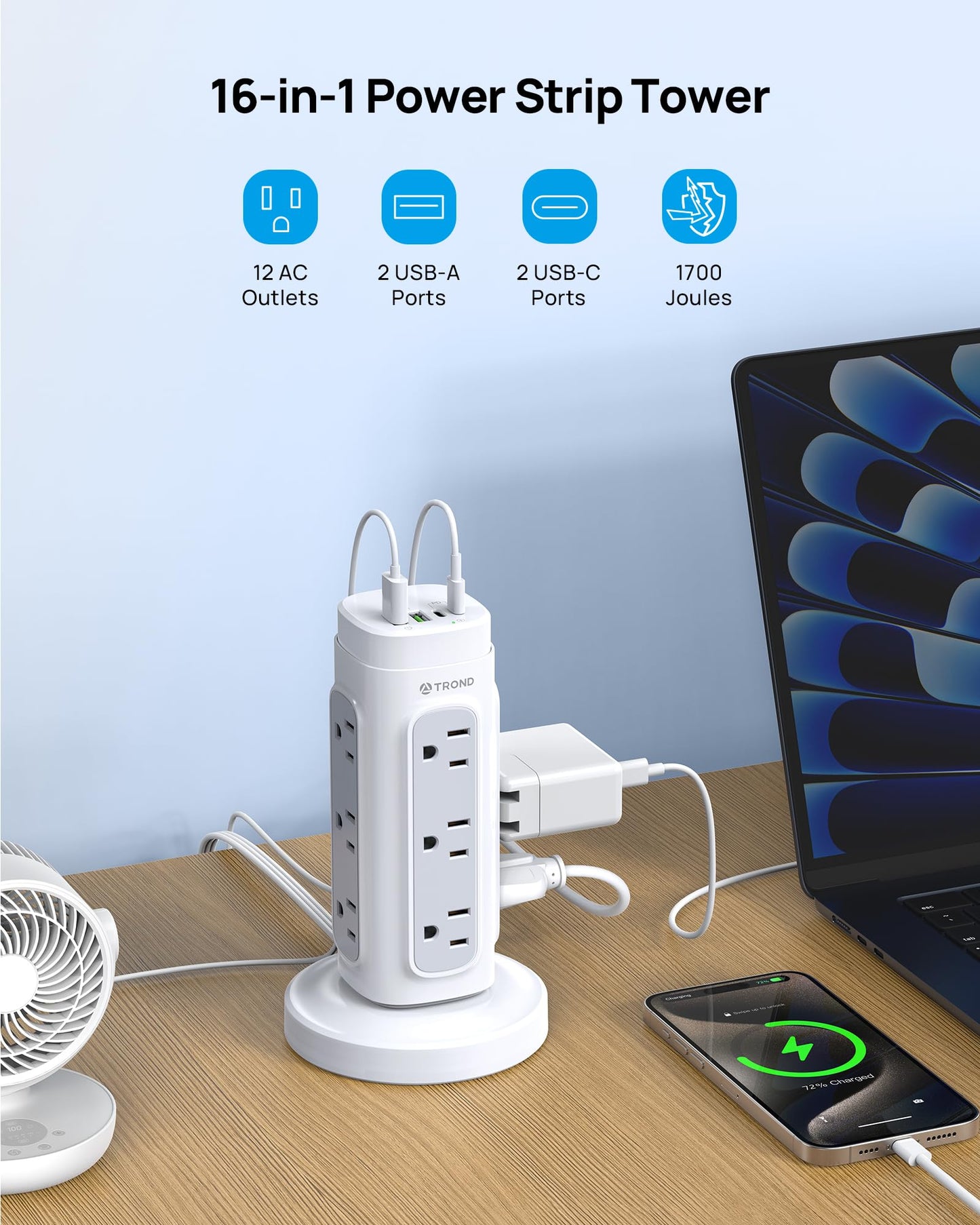 TROND Torre de Regleta Retráctil, Cable de Extensión con Enchufe Plano de 5 pies y Múltiples Tomas, Protector contra Sobretensiones con Puertos USB C PD 20W, 1700J, Suministros para Oficina en Casa