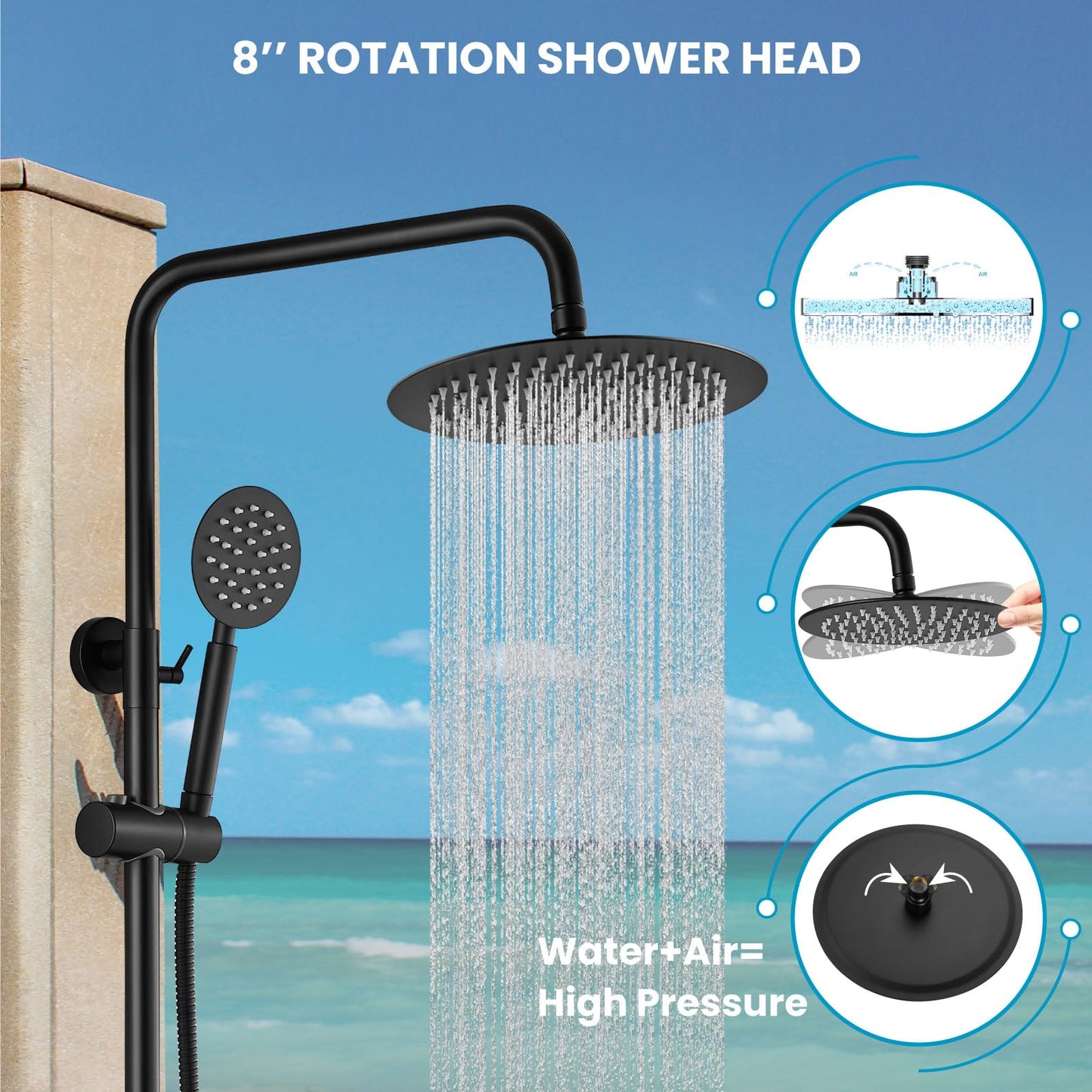 gotonovo SUS304 - Juego de accesorios de ducha para exteriores, sistema de ducha de lluvia de alta presión, montaje en pared, 2 cabezales de ducha de doble función de 8 pulgadas y rociador de mano