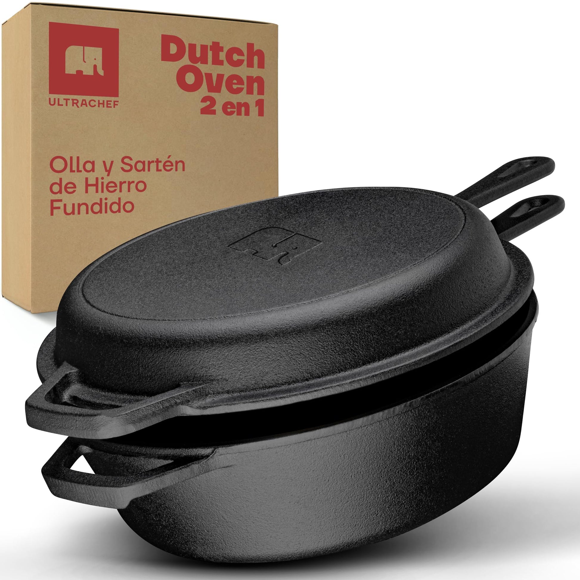 ULTRACHEF Olla de Hierro Fundido 2 en 1 para Estufa y Horno | Horno Holandés y Sartén de Hierro Fundido con Asa y Mango | Dutch Oven | Tamaño 26 cm, Capacidad 2.8 Litros