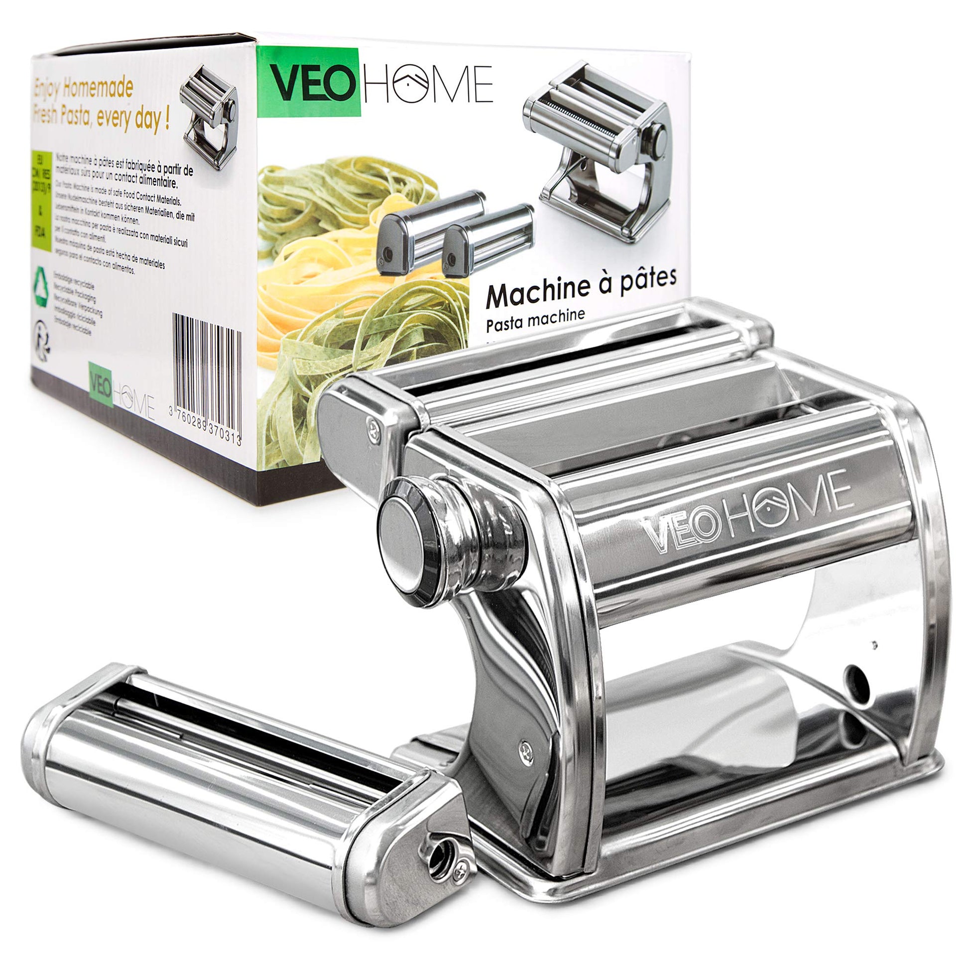 Máquina de Pasta Plana VeoHome Acero Inoxidable Ajustable con Cortador para Fideos Caseros Frescos