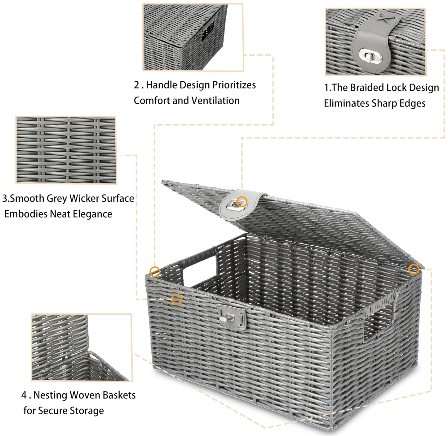 Honygebia - Cestas de almacenamiento de mimbre gris – Juego de 3 cajas decorativas con tapas, cesta tejida con cerradura y asa, organizador para maquillaje de belleza decoración de baño