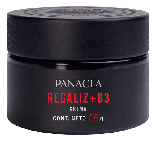 Crema facial Antimanchas con REGALIZ+B3. Ideal para control de tono y manchas. Su fórmula base está hecha a base de aceites de argán, hemp, rosa mosqueta, coco y uva. Ingredientes 100% Naturales, sin químicos. 50g.