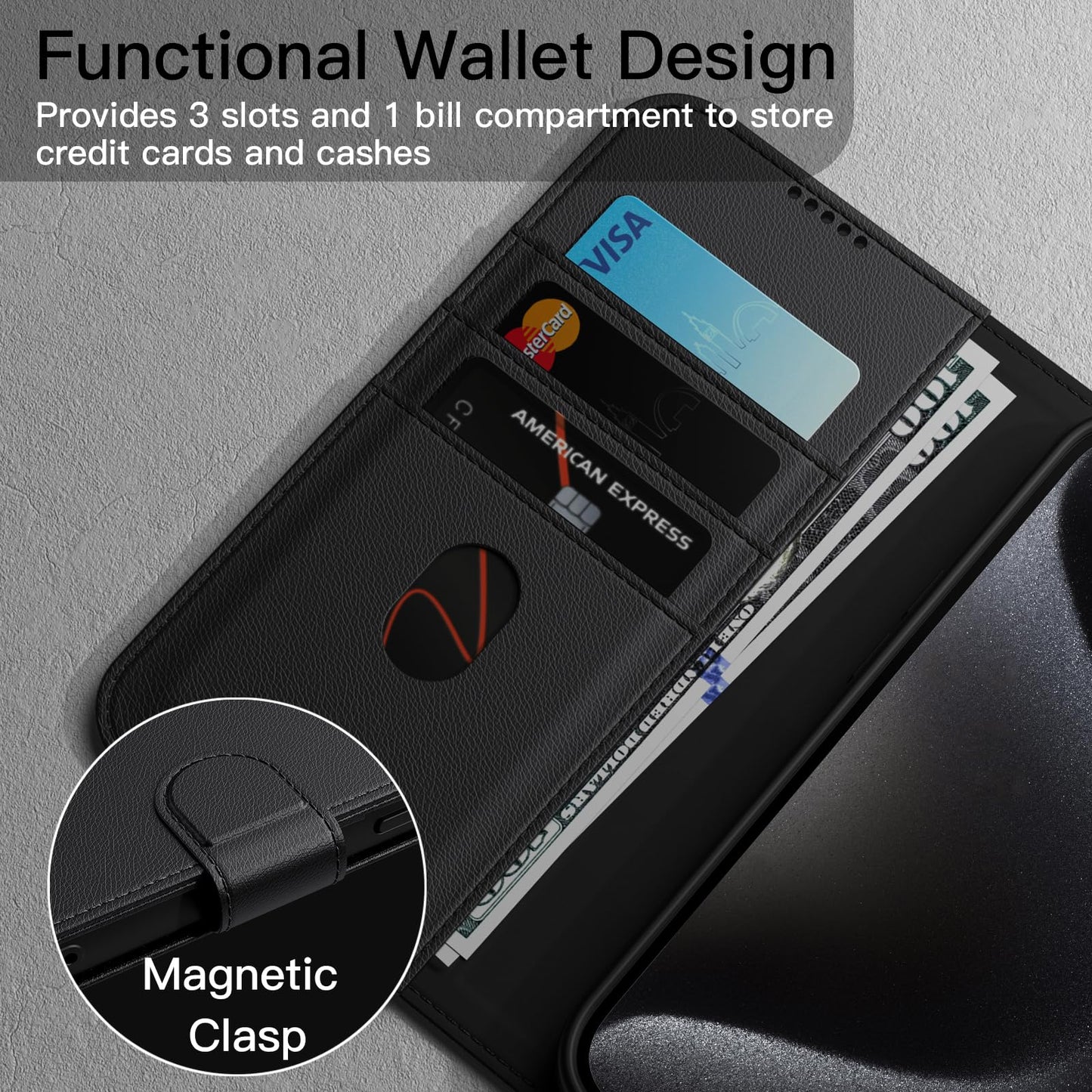 JETech Funda Billetera para iPhone 15 Pro MAX 6.7 Pulgadas, Carcasa Flip Magnética de Cuero PU Antigolpes con Tarjetero, Función de Soporte y Protección Completa Cámara (Titanio Negro)