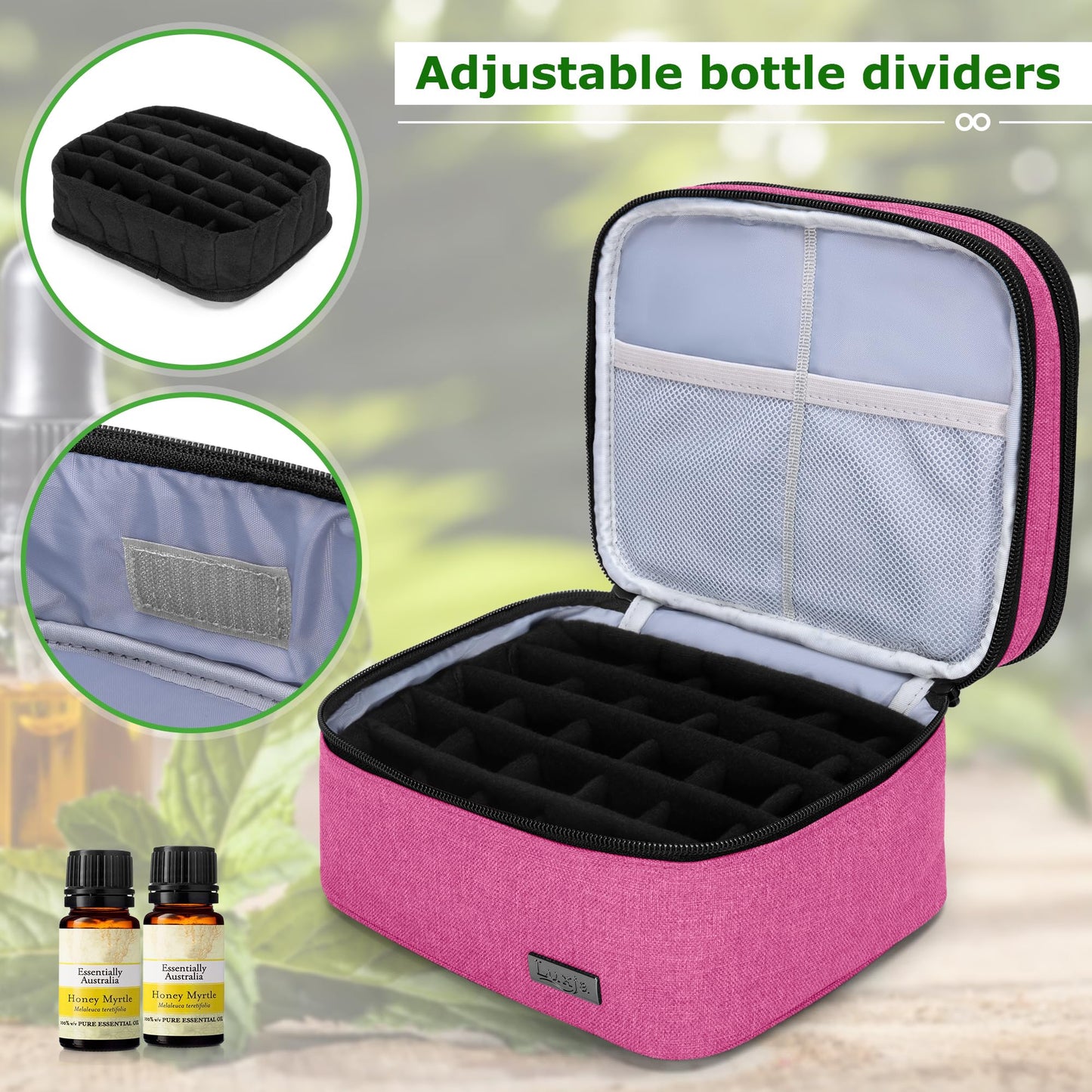 (Double-layer Bag: Fits for 30 bottles, Pink) - Luxja Essential Oil Carrying Case - Holds 30 Bottles (5ml-30ml, Also Fits for Roller Bottles), Double-Layer Organiser for Essential Oil and Accessories, Pink