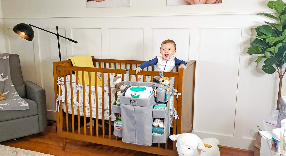 Premium Nursery Organiser and Baby Nappy Caddy Hanging Nappy Organiser for Baby Essentials Hang on Crib, Changing Table, Playard or Furniture Portable Storage for Wipes (Grey)