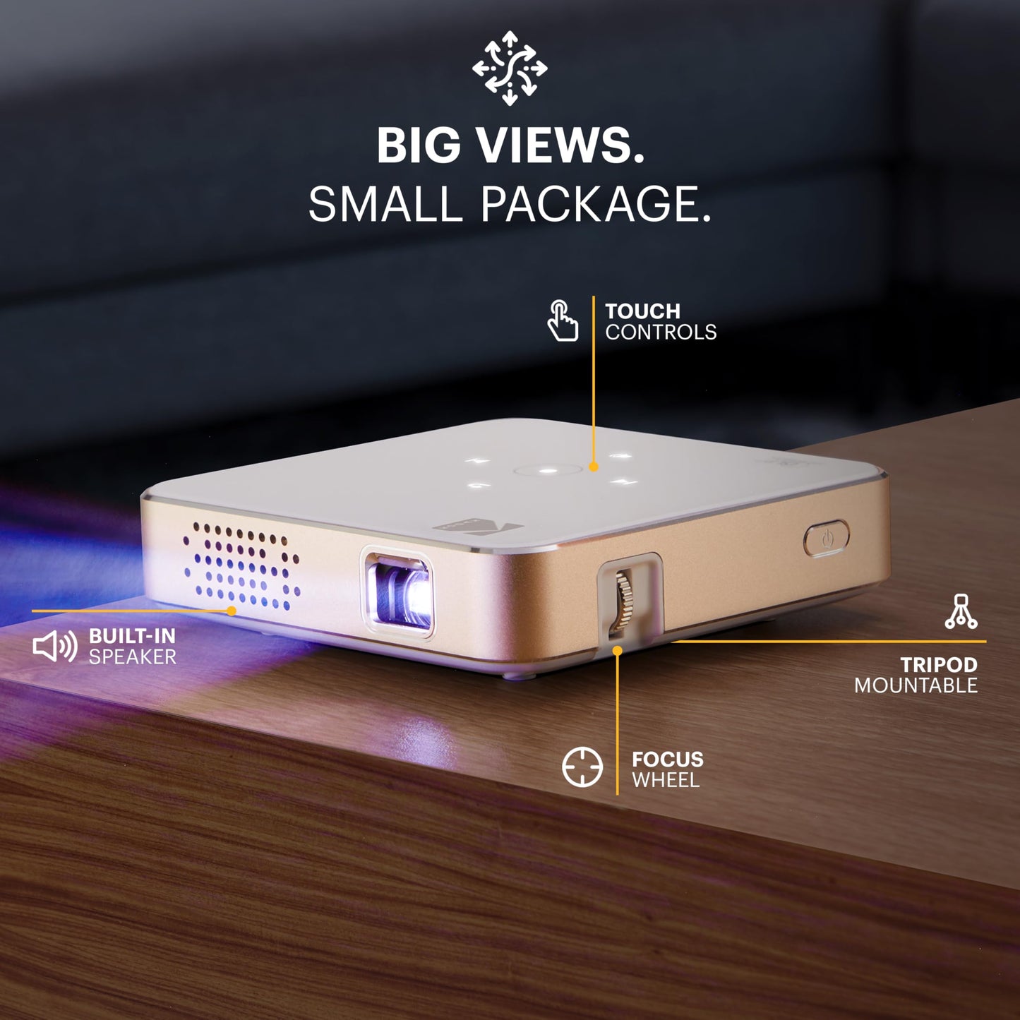 Kodak Ultra Mini proyector de bolsillo recargable – Proyector DLP Pico con visualización de 100 pulgadas, HDMI/USB/Micro SD, altavoz integrado y estuche de transporte
