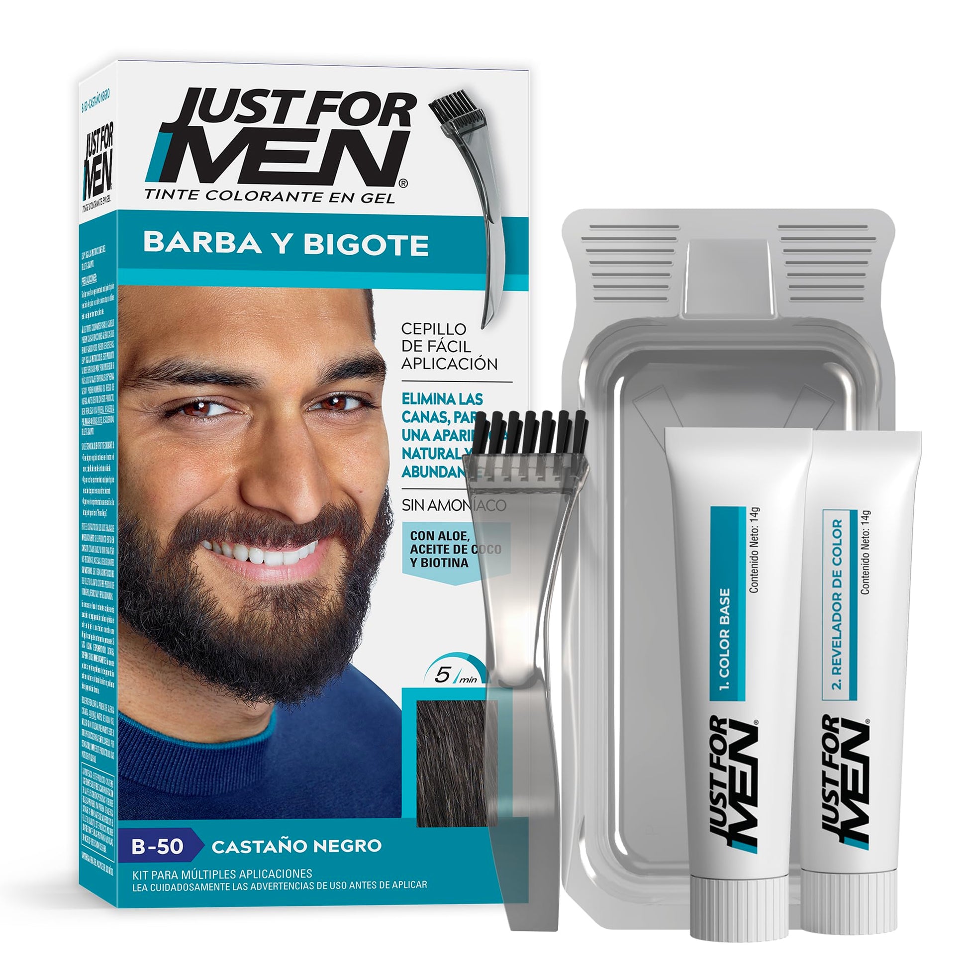 Just For Men, Tinte Colorante para Barba y Bigote Castaño Negro B50, Cubre Canas y con Cepillo de Fácil Aplicación, 28g