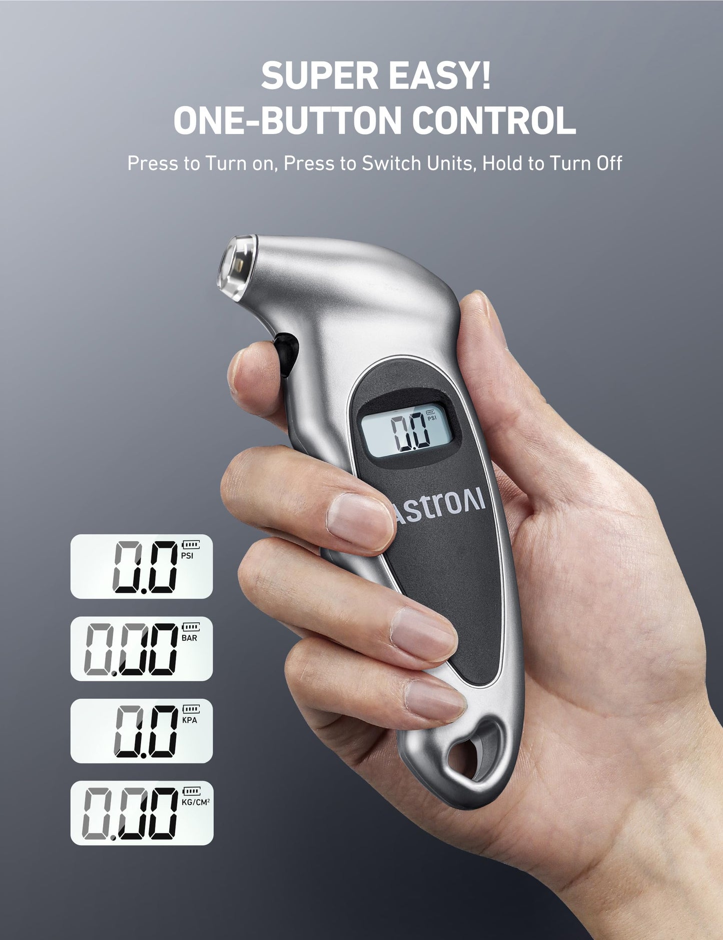 AstroAI - Medidor de presión digital de neumáticos con batería AAA reemplazable, 150 PSI, 4 ajustes de relleno para coche, camión, bicicleta, retroiluminada, LCD, antideslizante, accesorios de coche,
