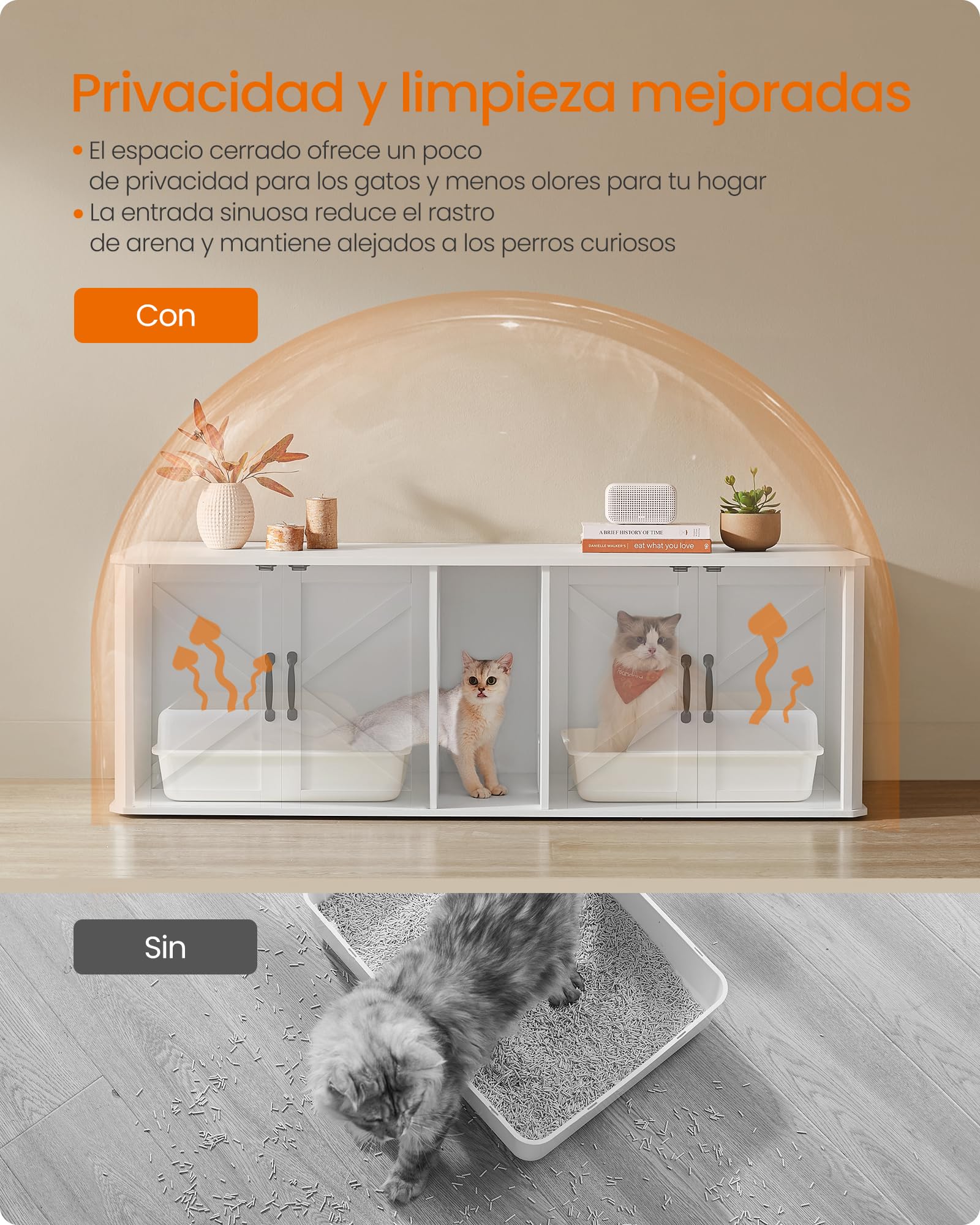 Feandrea Mueble Arenero para Gatos, Caja de Arena para 2 Gatos, Mesa Auxiliar, 145.6 x 48.5 x 50 cm, Blanco Nube MPCL010W01