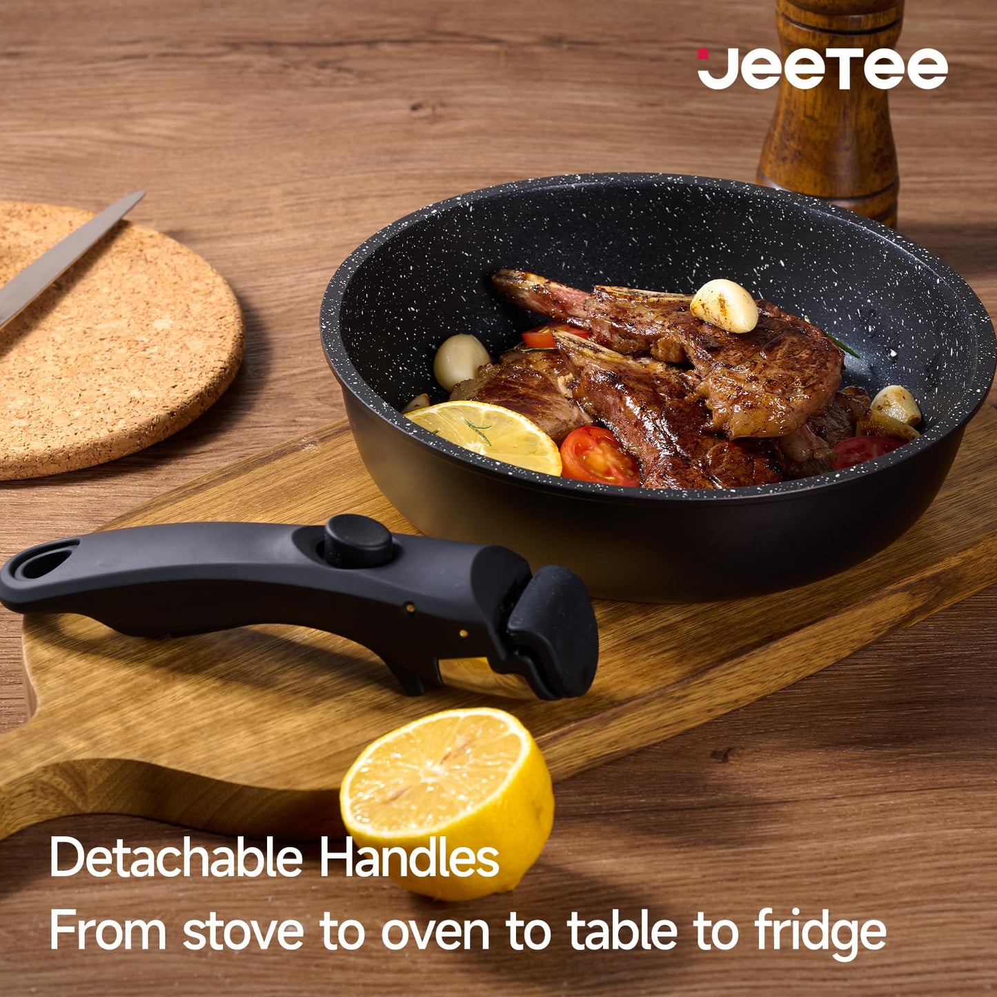 JEETEE - Juego de ollas y sartenes antiadherentes, 26 piezas, utensilios de cocina con mango extraíble/desmontable, para cocina de inducción, apto horno, apilables, para caravana, sin PFOA, negro