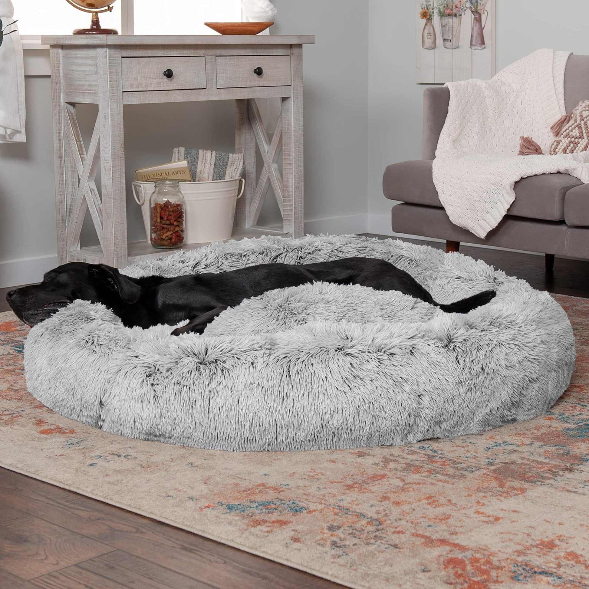Furhaven 45" Round XL Donut Dog Bed Plush Long Faux Fur Calming Cuddler w/Removable Washable Cover - Mist Gray, Jumbo