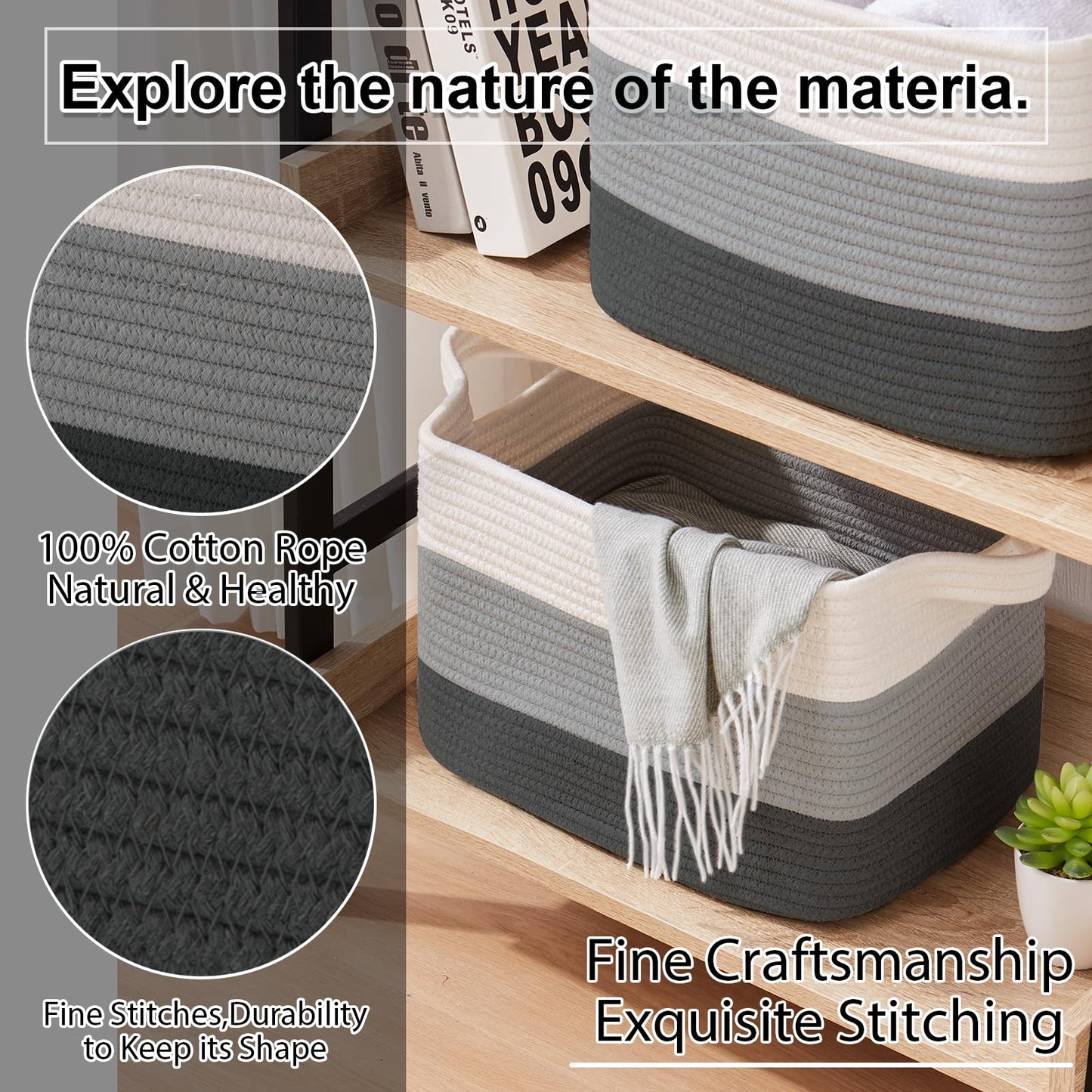 OIAHOMY Cesta de almacenamiento, cestas tejidas para almacenamiento, cesta de cuerda de algodón para juguetes, cestas de toalla para baño, paquete de 3, gris oscuro degradado