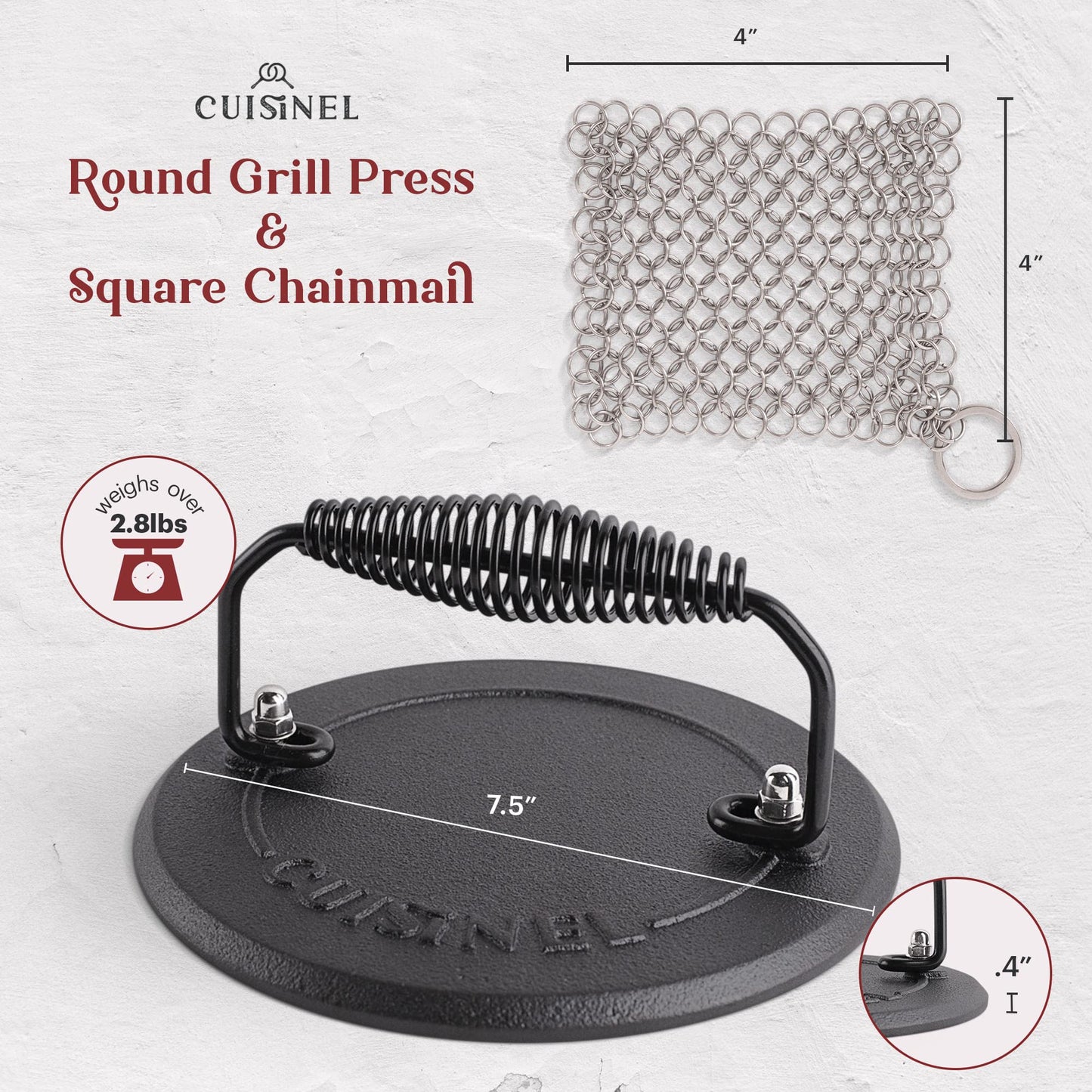 Cuisinel Prensa para parrilla + Depurador de cota de malla + Rascador - Pre-sazonado Máquina para hacer paninis/sándwiches de servicio pesado de 4 lb.