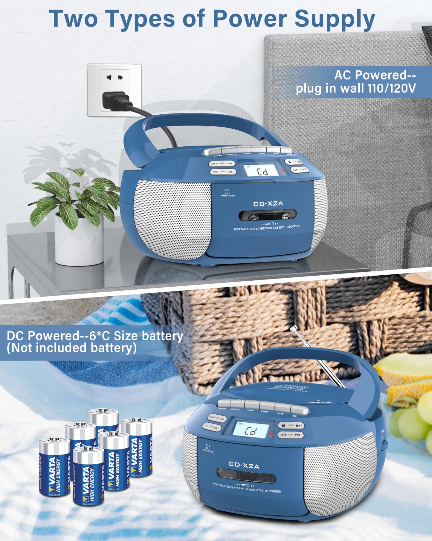 Greadio Boombox - Reproductor de CD de cassette, reproductor de CD portátil con Bluetooth, compatible con radio AM FM, control remoto, AUX/USB/auriculares, funciona con AC/batería, visualización LCD