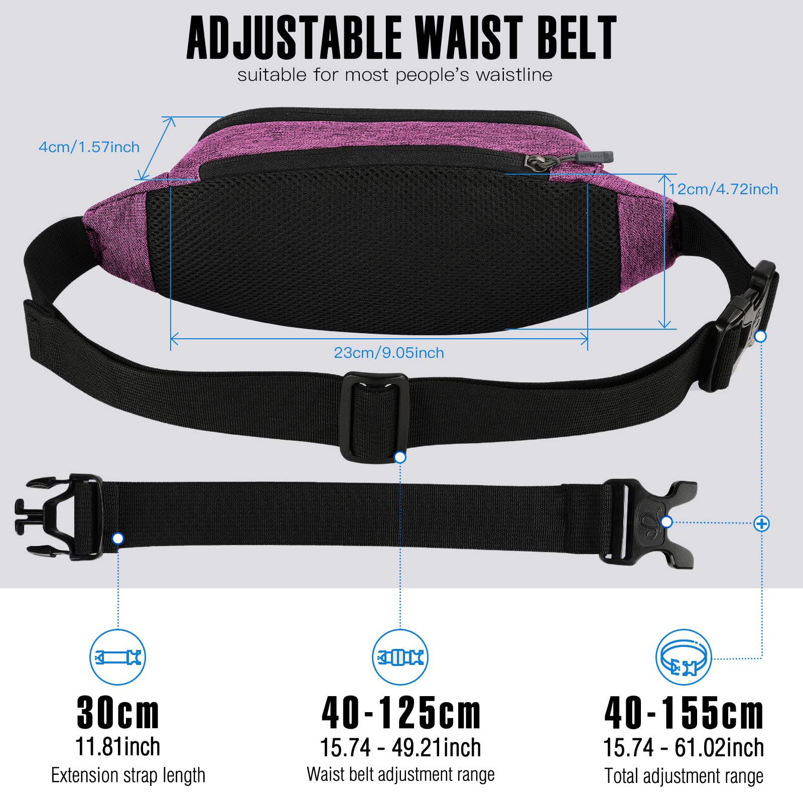 Riñonera Deportiva WATERFLY Negra con Cinturón Extendido para Mujer y Hombre