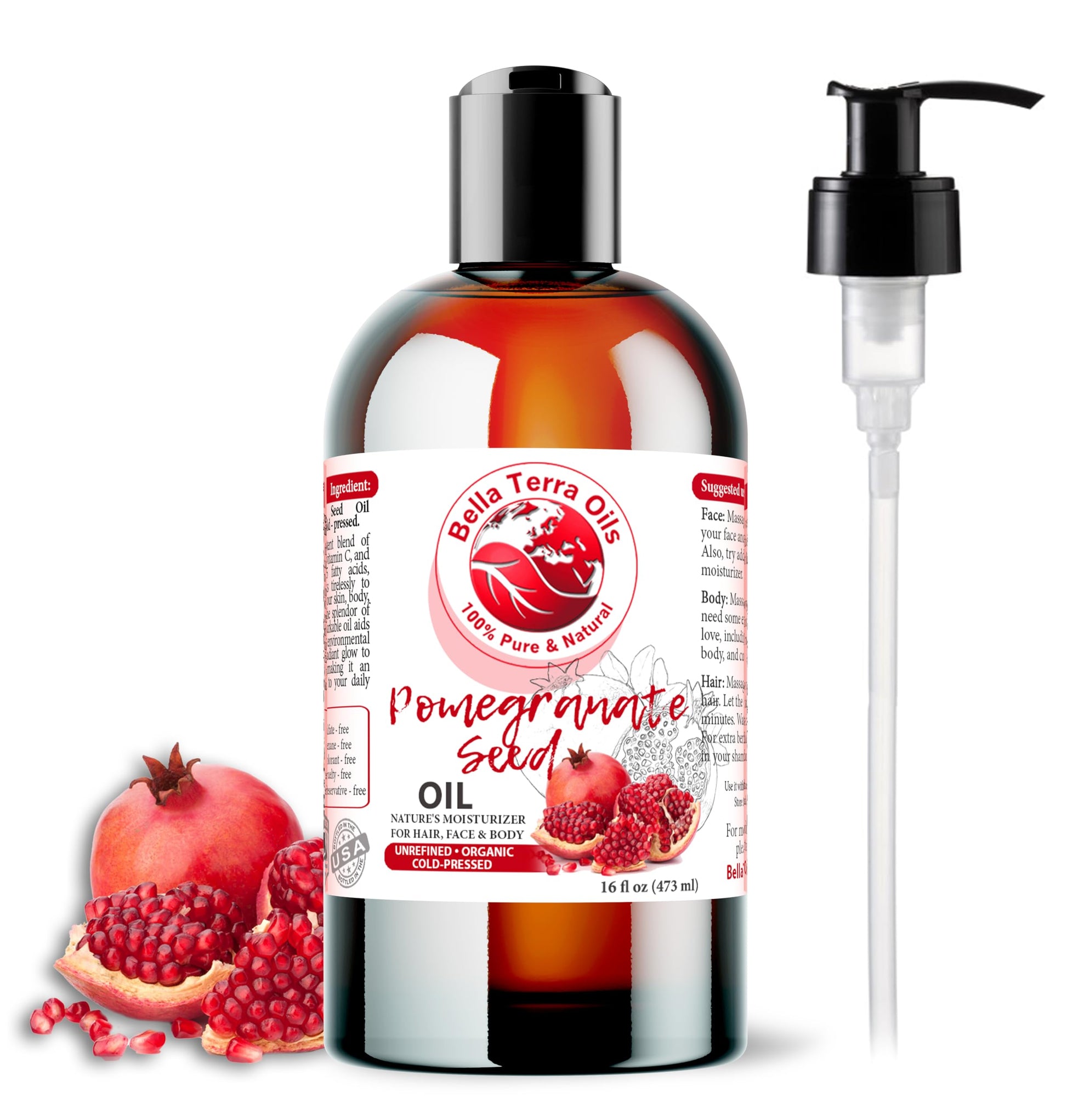 NEW Pomegranate Seed Oil. 16oz. Cold-pressed. Unrefined. Organic. 100% Pure. Rich in Antioxidants. Hexane-free. Rejuvenates Skin. Softens Hair. Natural Moisturizer. For Hair, Skin, Stretch Marks.