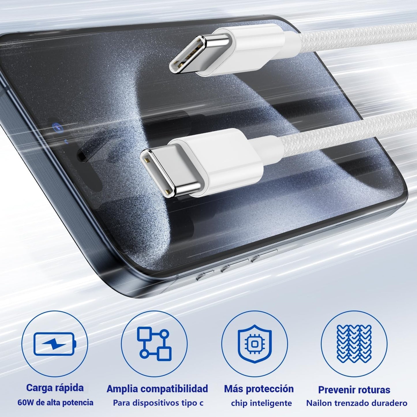 Cable USB C Yoele Blanco Carga Rápida Trenzado 1M 60W para iPhone, Galaxy y más
