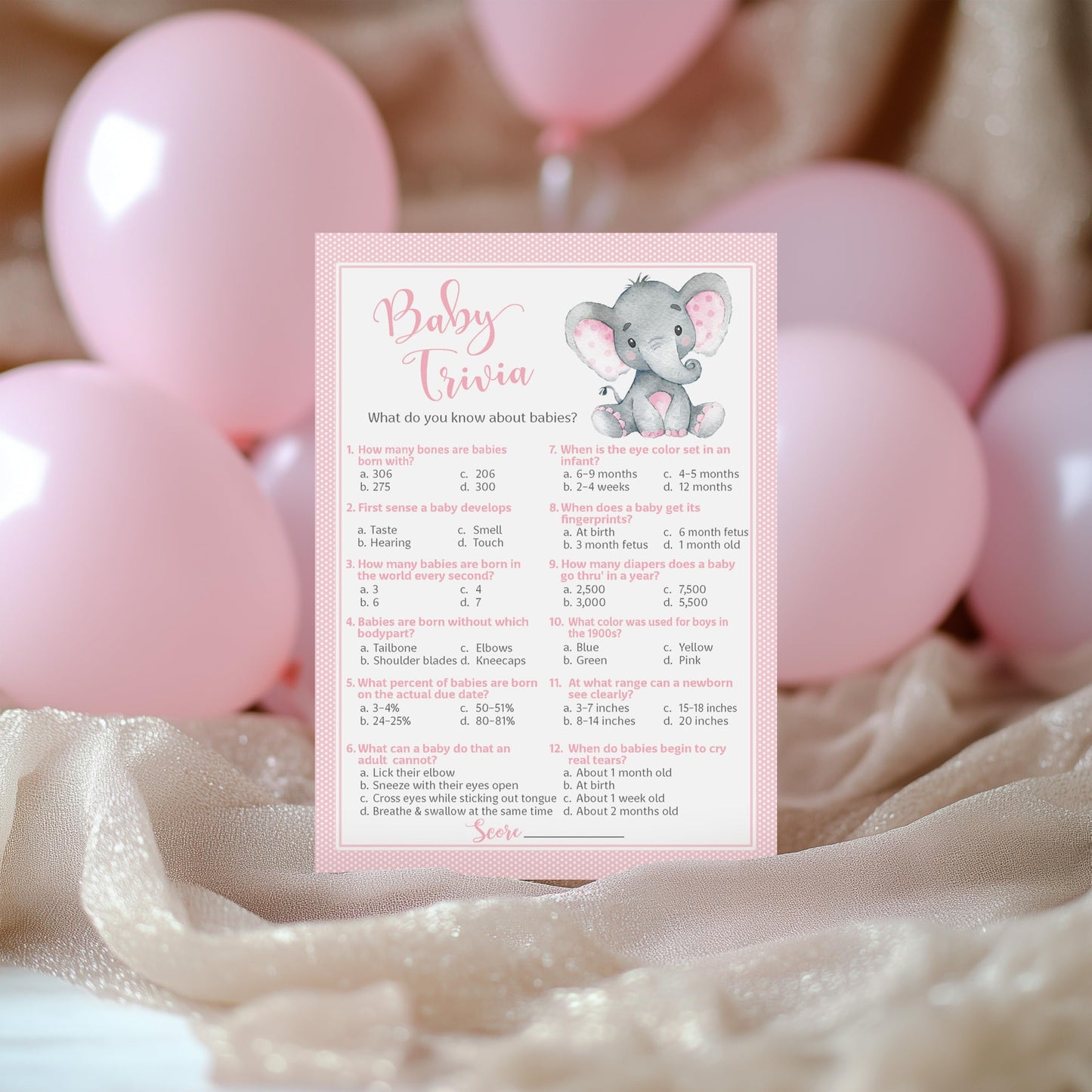 Pink Elephant Baby Shower Games - Juego Baby TRIVIA - Paquete de 25 - Actividad de ducha para niñas, diseño de elefante rosa para bebés, fiesta de revelación de género G500-TRV