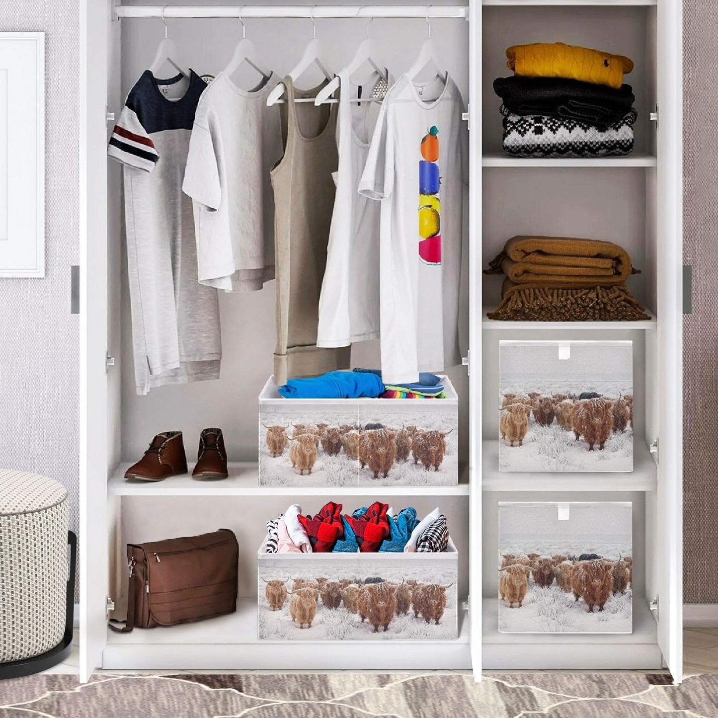 linqin Contenedores de almacenamiento abiertos plegables de vaca escocesa de las tierras altas en un invierno natural, cesta de almacenamiento plegable para guardería, cubo de tela, organizador rectangular con asas para estantes, armario, decoración del h