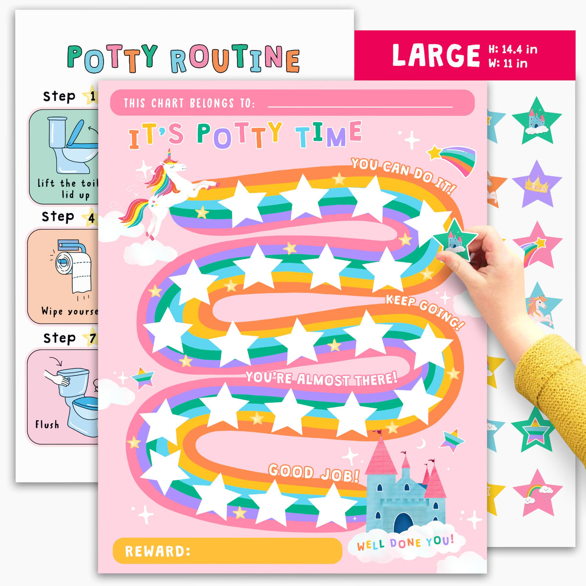 Tabla de recompensas para entrenamiento en el uso del potty para niños - Unicornios y castillos x 10 piezas - Tabla de entrenamiento en el uso del potty para niñas - Calendario de rutina - Tablero de