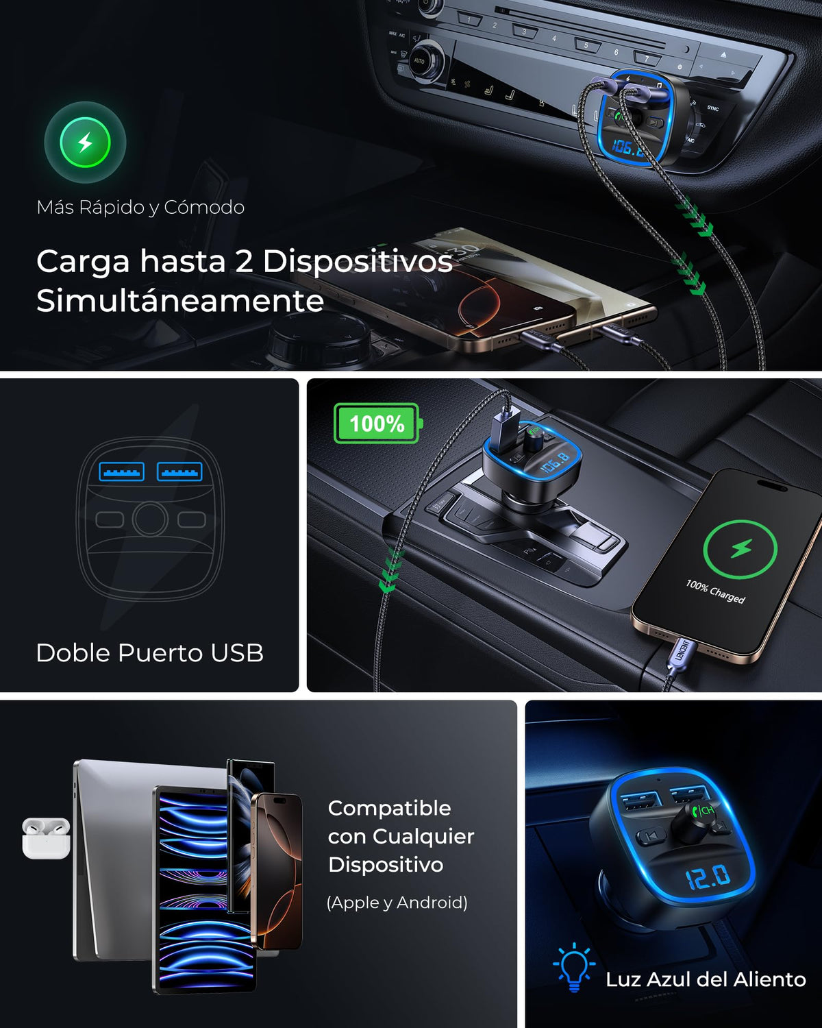 Transmisor FM Bluetooth LENCENT para Auto Reproductor Música