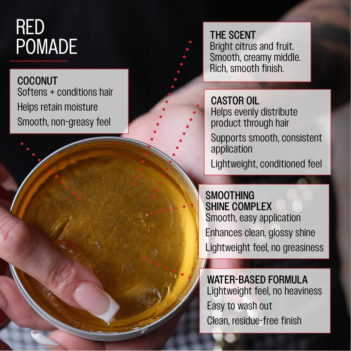 Reuzel Pomada roja de fijación media y brillo intenso para hombres, pomada soluble en agua para un aspecto flexible y brillante, 3,38 oz/95 g