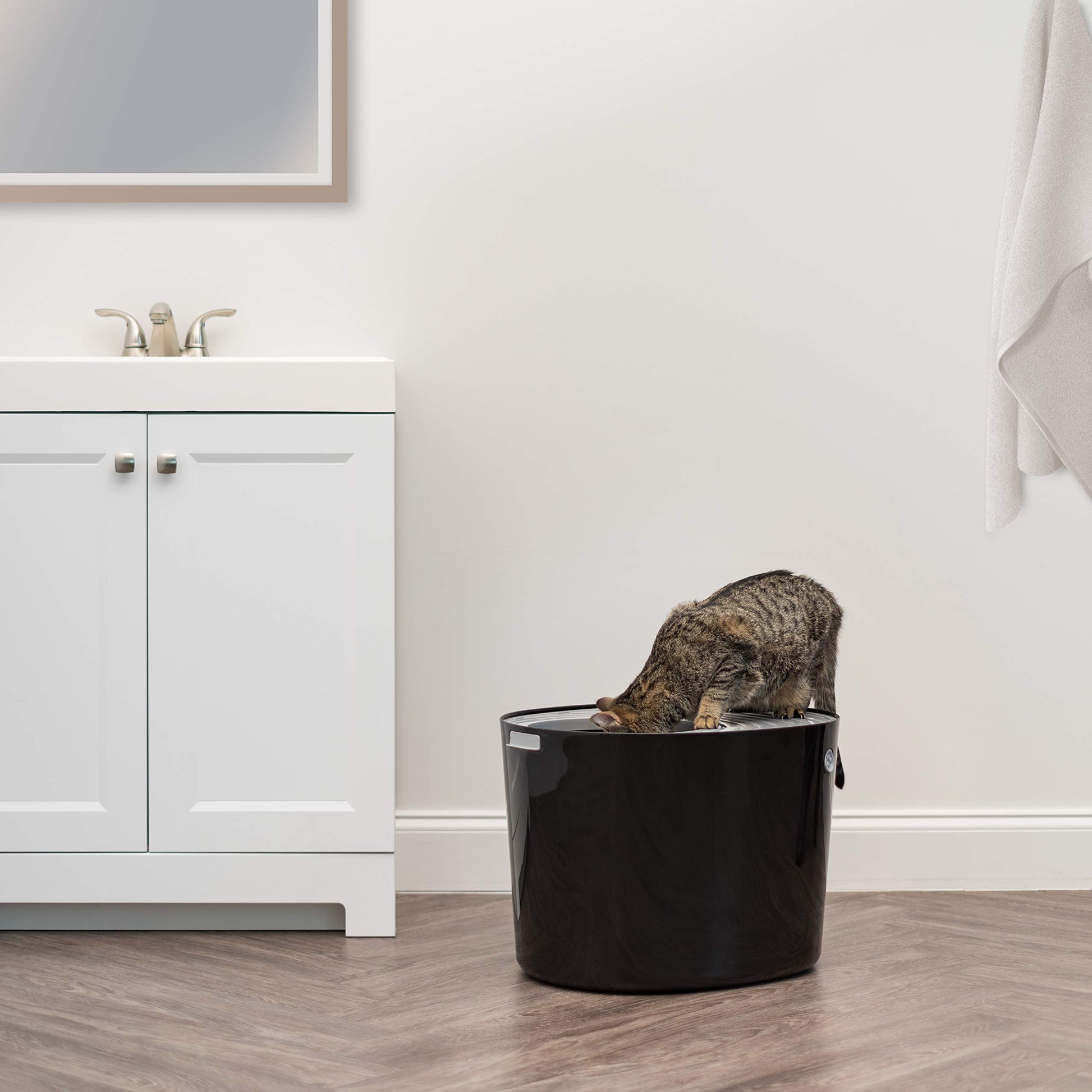 IRIS USA Gran arenero para gatos con entrada superior y pala, elegante caja redonda para gatos, arenero para gatitos, Negro/Gris