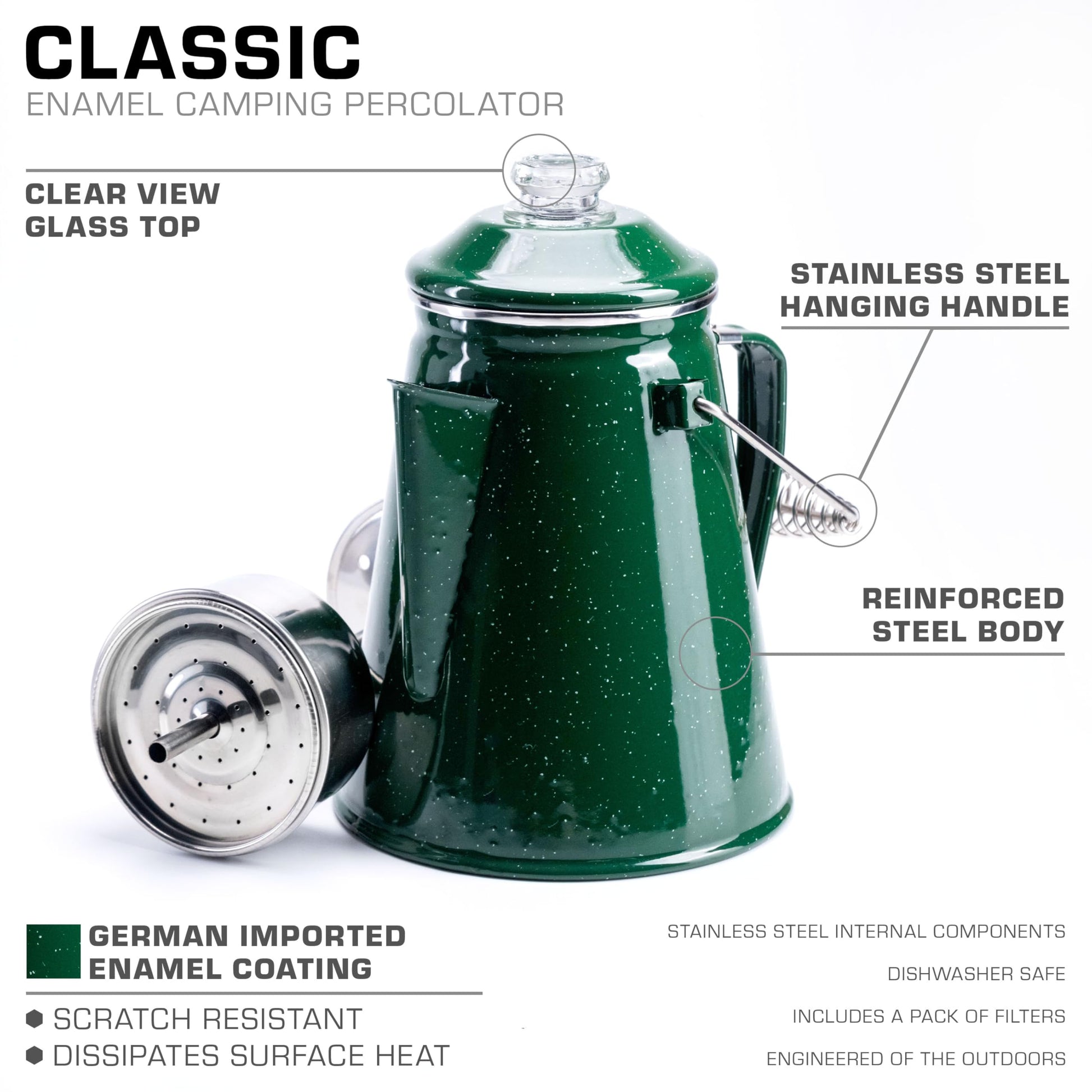 COLETTI - Cafetera percoladora clásica, cafetera de campamento, cafetera para hogueras, percoladora de camping para grupos, para todo el campamento, 12 tazas, verde
