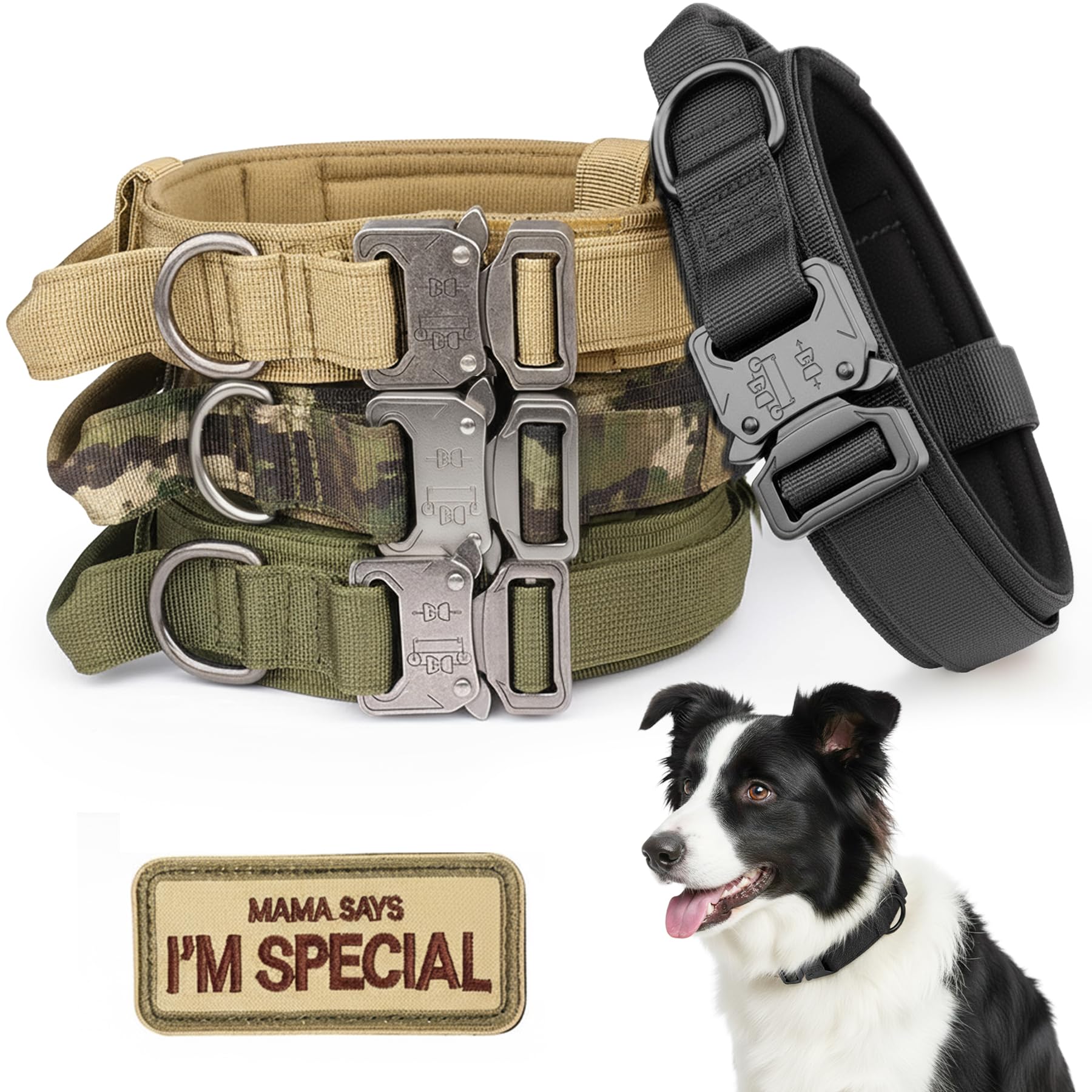 KCUCOP - Collar Militar para Perro con Mama Says I M Special Patch Grueso con asa K9 Collar Tactipup Collar para Perro Ajustable Resistente Hebilla de Metal para Perros M, L, XL (Negro, L)