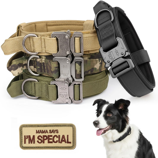 KCUCOP - Collar Militar para Perro con Mama Says I M Special Patch Grueso con asa K9 Collar Tactipup Collar para Perro Ajustable Resistente Hebilla de Metal para Perros M, L, XL (Negro, L)