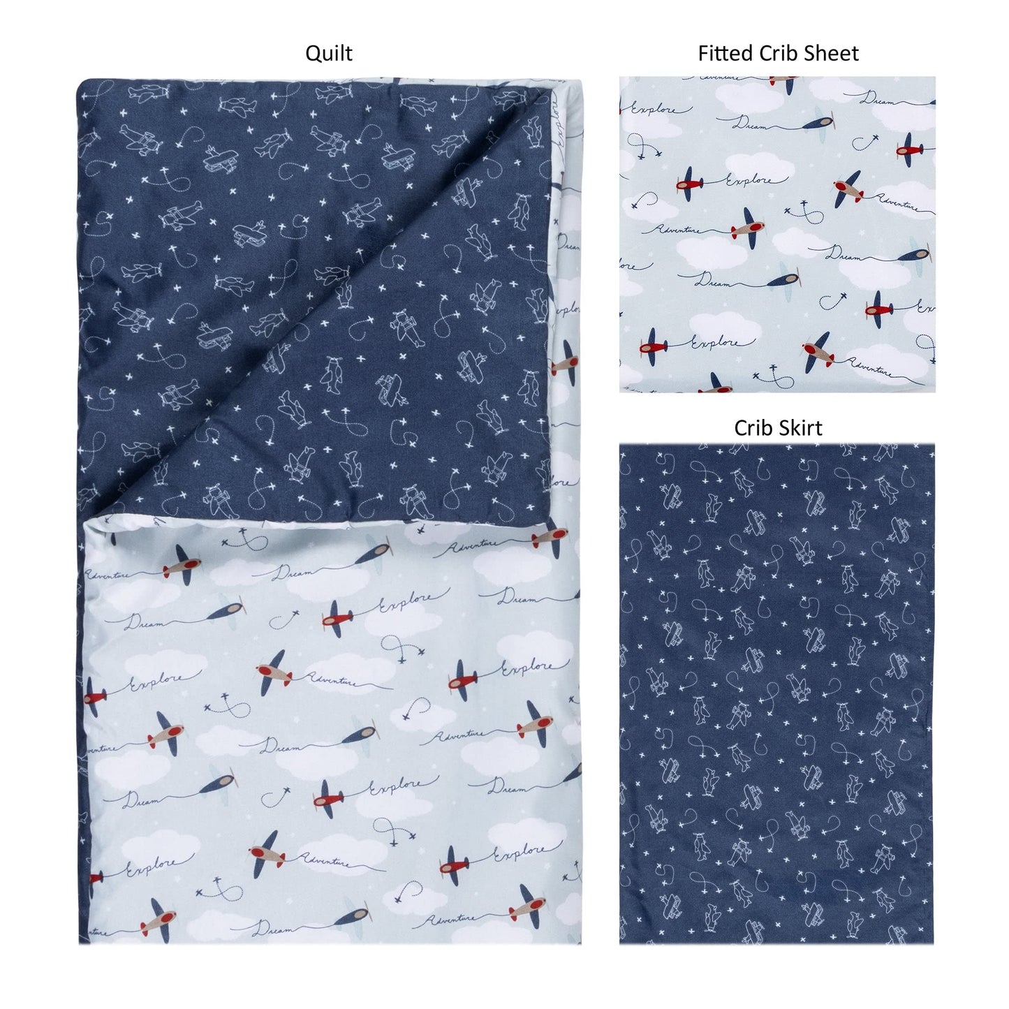 Sammy & Lou Adventure Awaits Air Traveler - Juego de Ropa de Cama Transpirable de 3 Piezas, Incluye edredón, sábana Bajera Ajustable para Cuna y Falda para Cuna