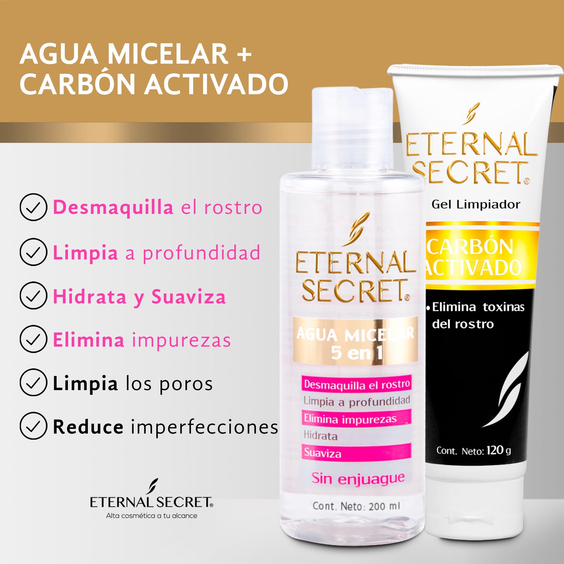 ETERNAL SECRET | KIT Belleza - Incluye 6 Productos de SkinCare | Limpiador Facial Espumoso - Agua Micelar - Vitamina C | Protector Solar Facial 50+ | Tonico Facial - Acido Hialuronico - Serum Facial