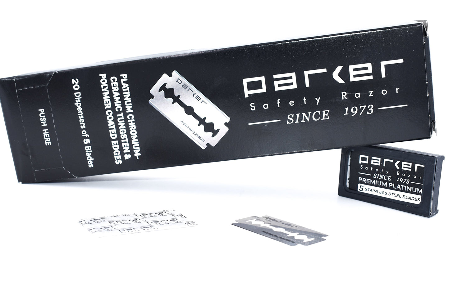 Cuchillas de Afeitar de Seguridad de Doble Filo de Parker, 100 unidades (20 x 5), Cuchillas de Afeitar de Platino Premium con Bordes Recubiertos de Platino, Tungsteno y Cromo