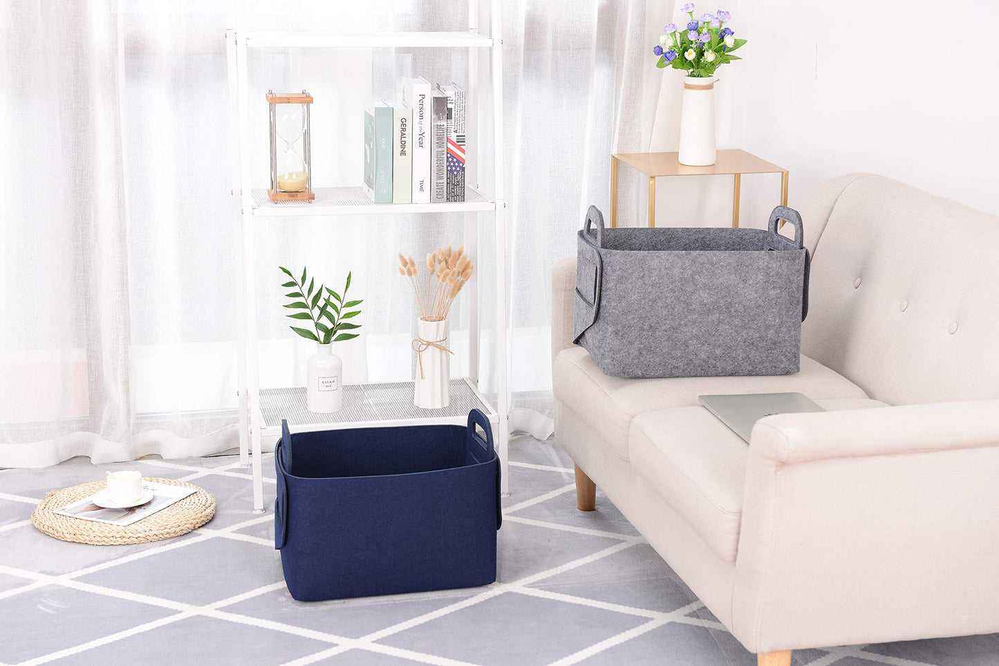 Minoisome - Cesta de almacenamiento de fieltro plegable y conveniente organizador de caja con asas de transporte para oficina, recámara, clóset, bebés, guardería, juguetes (gris, 15.7 pulgadas de