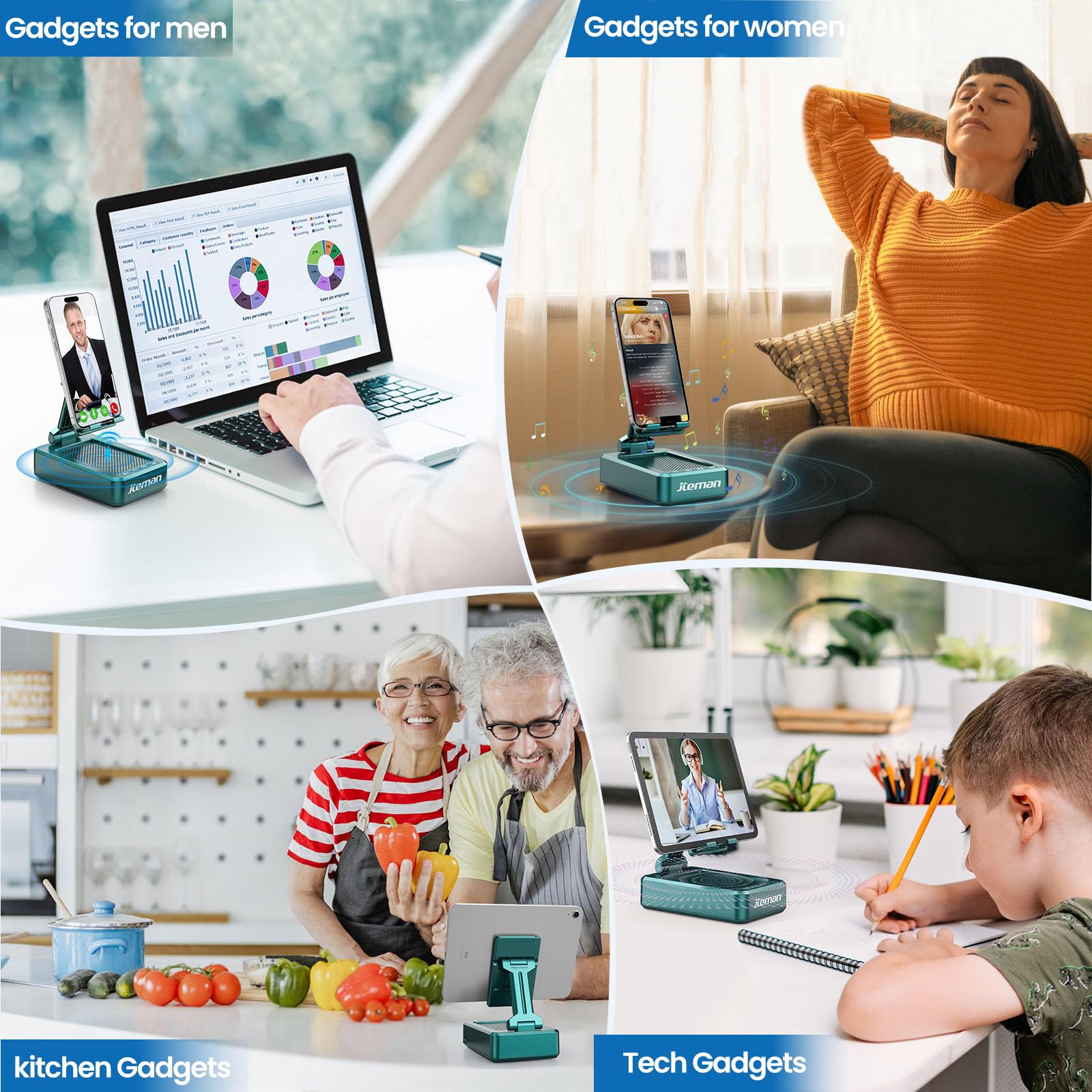JTEMAN - Soporte para teléfono celular con altavoces inalámbricos Bluetooth, ángulo ajustable, fuerte pedestal para computadora, sonido HD y altavoz Bluetooth de graves compatible con todos los