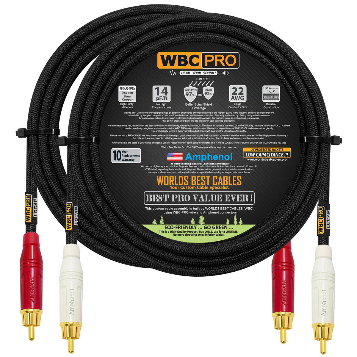 Cables RCA WBC-PRO-LOCAP 15 Pies Negro Ultra Silenciosos Audiófilos de Baja Capacidad y Grado Profesional con Conectores Amphenol ACPR Gold RCA