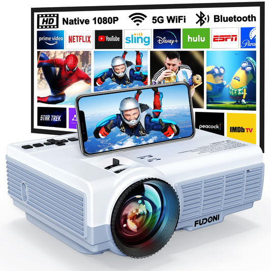 FUDONI Proyector 5G WiFi Bluetooth, Mini Proyector Nativo 1080P Full HD, Proyector Portátil con Pantalla, Proyector de Cine en casa Soporta 4K, HDMI, USB, VGA, PC, TV Box, iOS y Android Phone