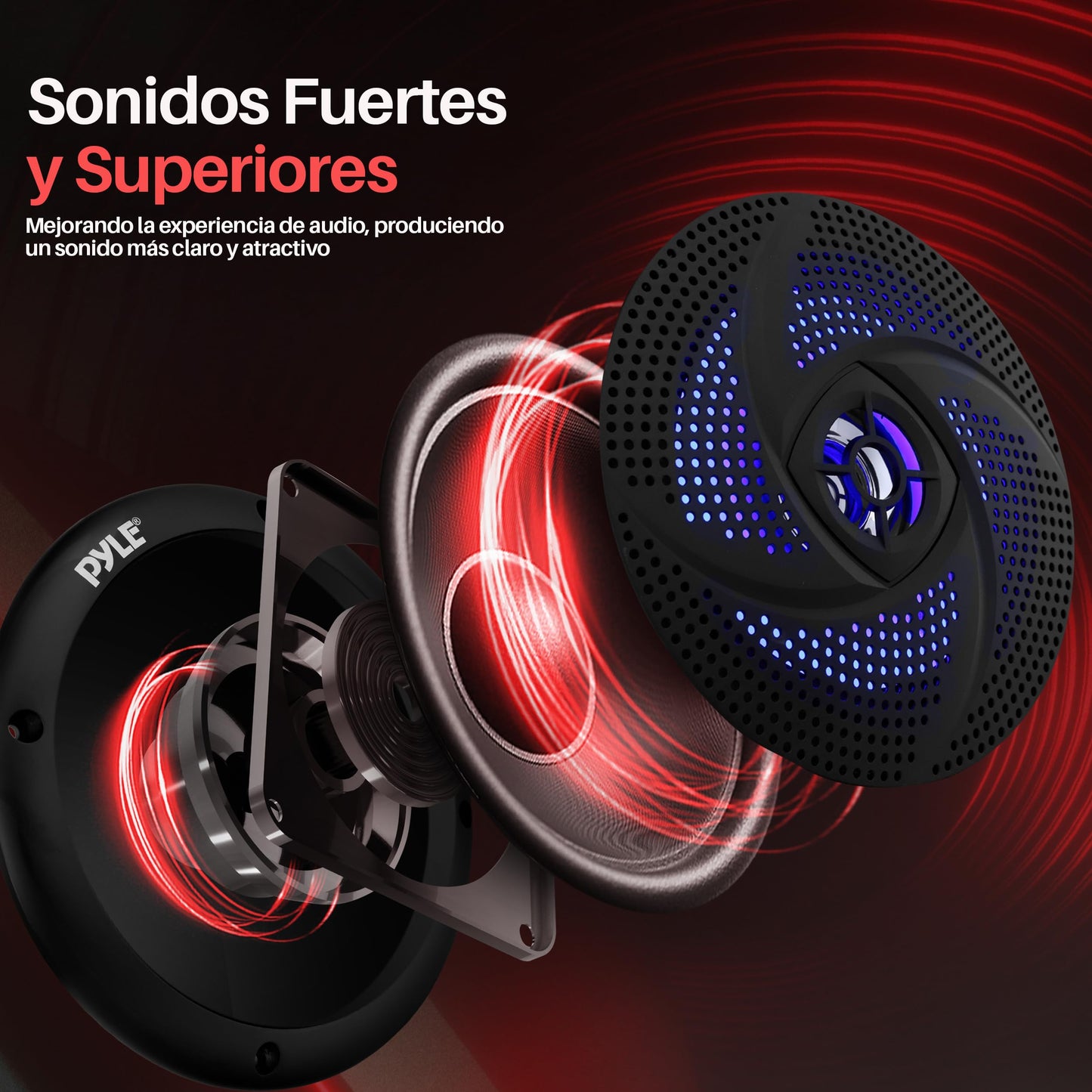 Pyle Bocinas Marinas Dobles de 6.5 Pulgadas. Sistema de Sonido Estéreo para Exteriores Resistente al Agua. Luz LED. Potencia 240 Watts. 1 Par. Negro