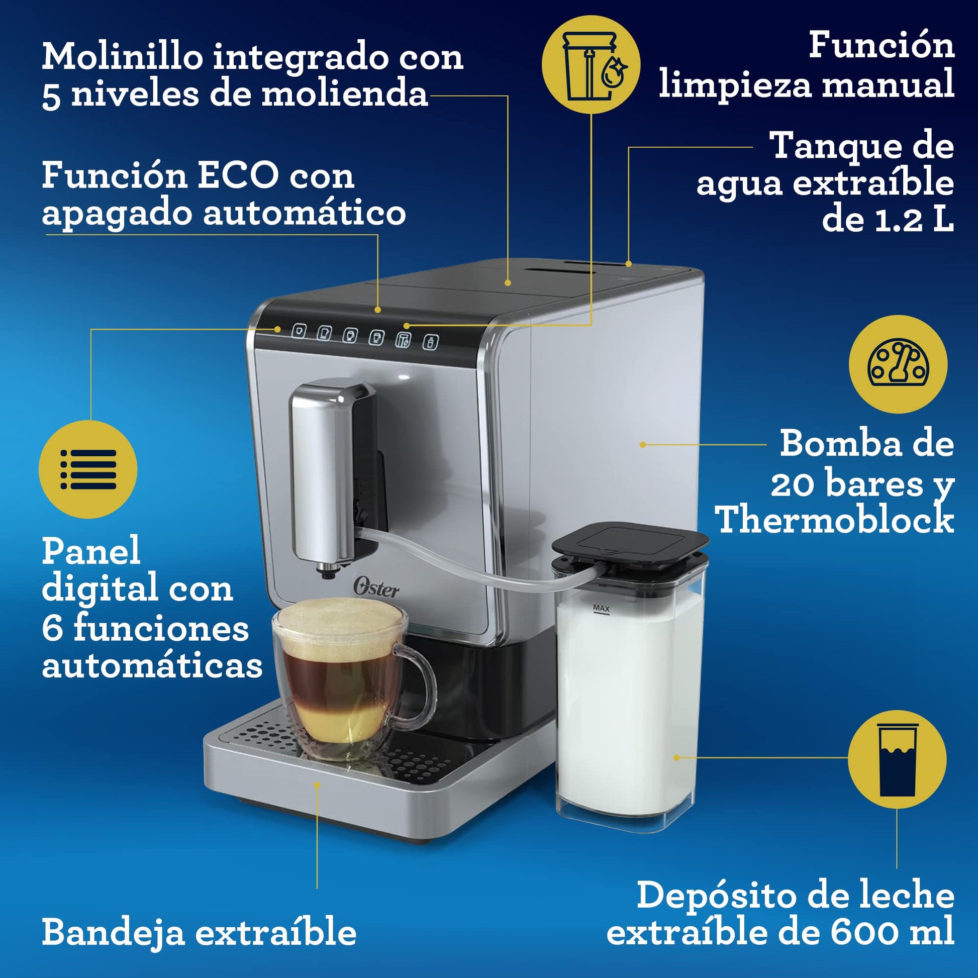 Oster Cafetera Super Automática para Espresso, de 20 Bares de Presión, con Molino Integrado, con Panel de Control Táctil con 5 Funciones Preestablecidas, Color Plata-Negro, BVSTEM8100-013