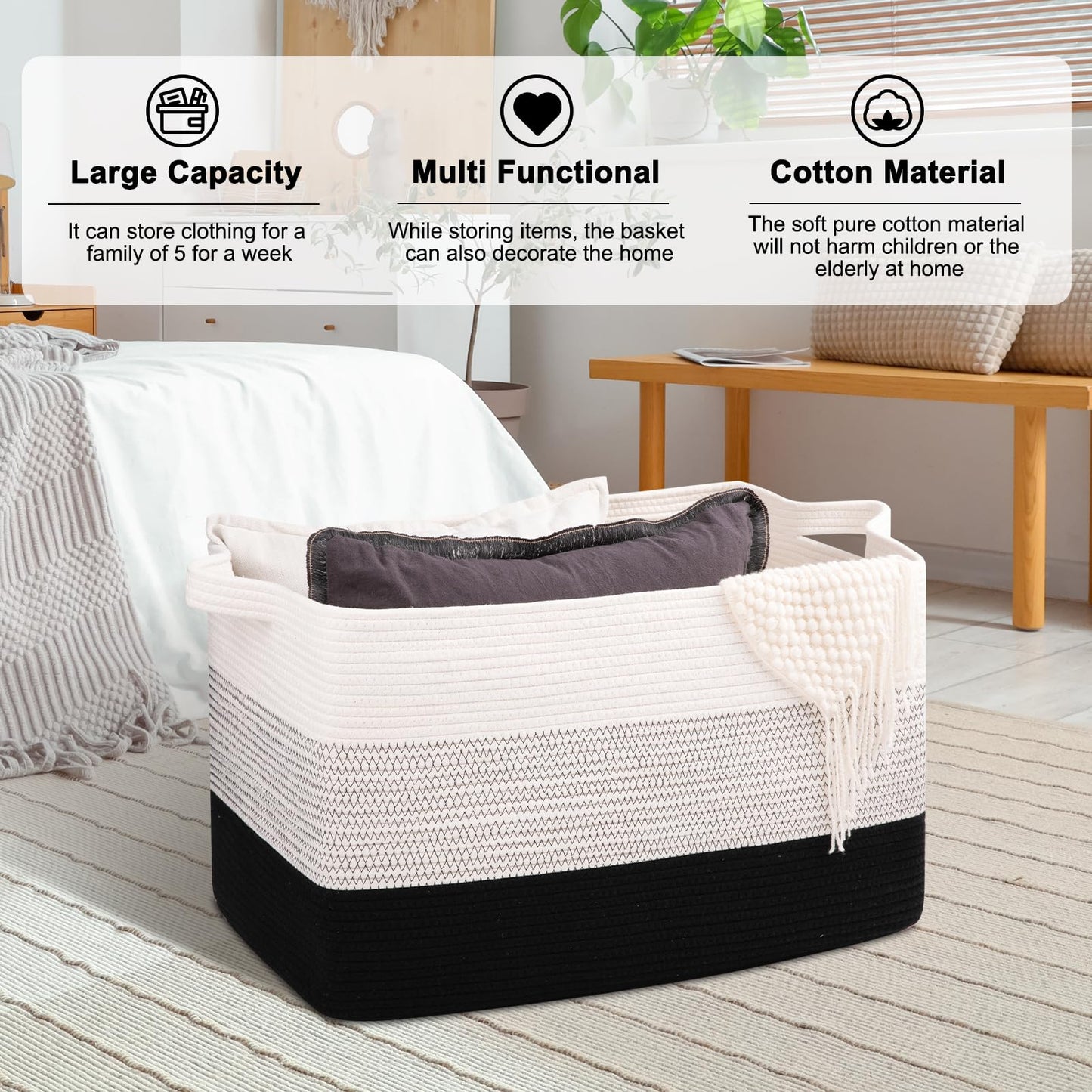 OIAHOMY - Cesta de almacenamiento grande de 95 l, cesta de manta tejida de cuerda de algodón, cesta de juguetes para habitación de bebé, cesta para almacenamiento en sala de estar, 24 x 16.5 x 14