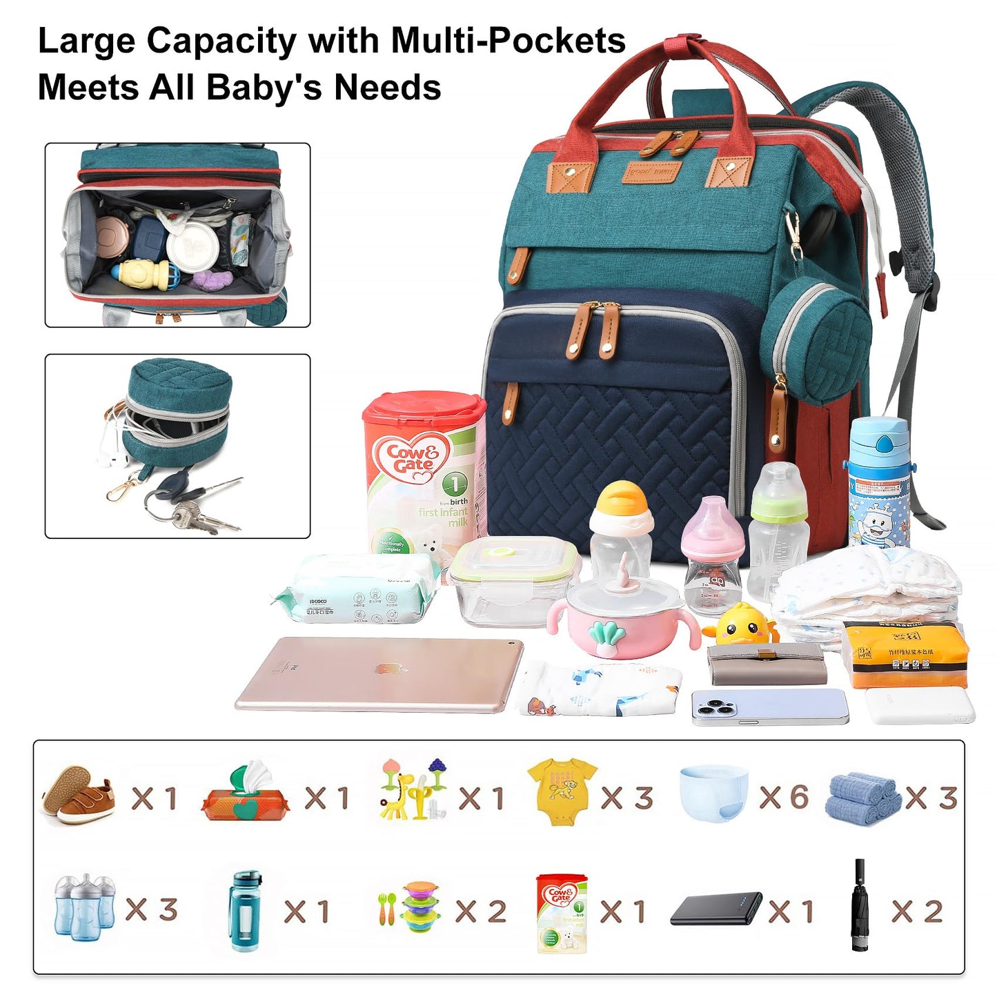 AHNTTGS - Bolsa para pañales con cambiador, Varios colores, Grande