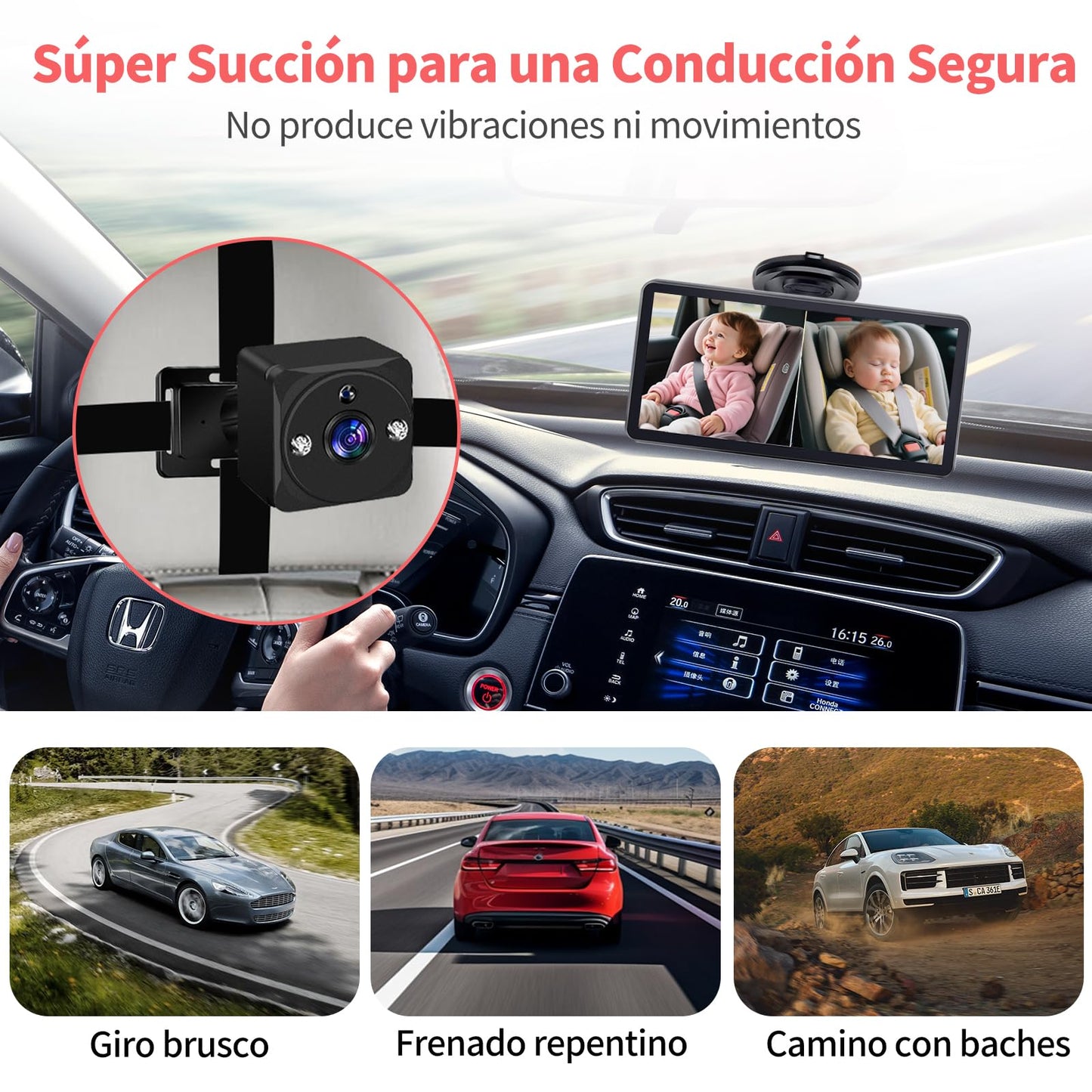 Muja Cámara Coche Bebé Asiento Trasero, Pantalla HD de 7 Pulgadas 1080p, El Coche con 2 Cámaras Giratorias de 360°, Lente Gran Angular de 150°, Visión Nocturna, Garantizar la Seguridad del Bebé