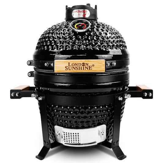 London Sunshine - Parrilla de cerámica de carbón Kamado, con rejillas de acero inoxidable, portátil de sobremesa, 33 cm, negro