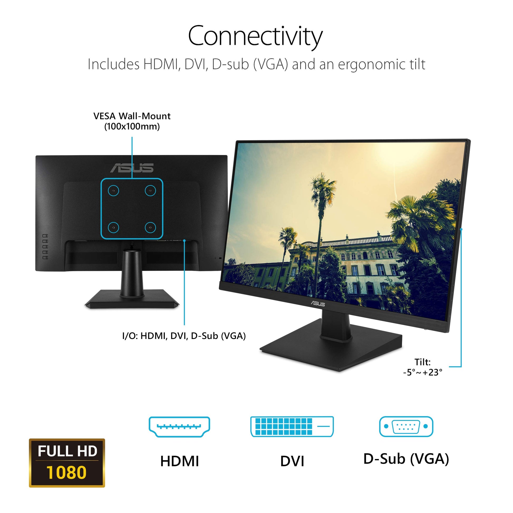 Asus Monitor sin marco 23.8" VA24EHE, panel IPS, 75Hz, Eye Care, Full HD, Adaptive-Sync/ FreeSync, Low Blue Light, Flicker Free, montable en la pared