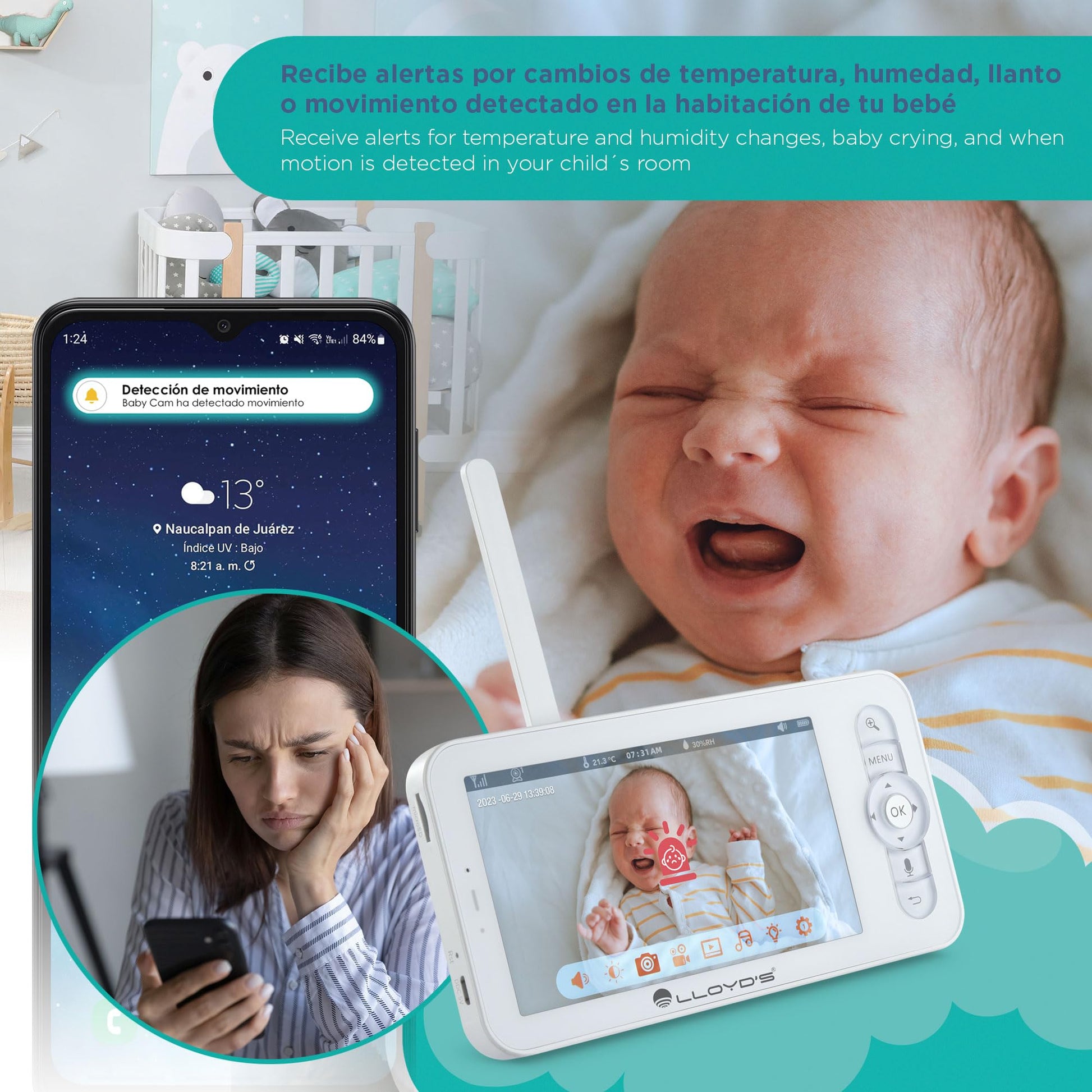 Lloyd's Cámara con Monitor para bebés. Monitoreo y Control Desde su Smartphone. Alertas por detección de Movimiento, de Sonido o por llanto de bebé. 3 melodías de Cuna