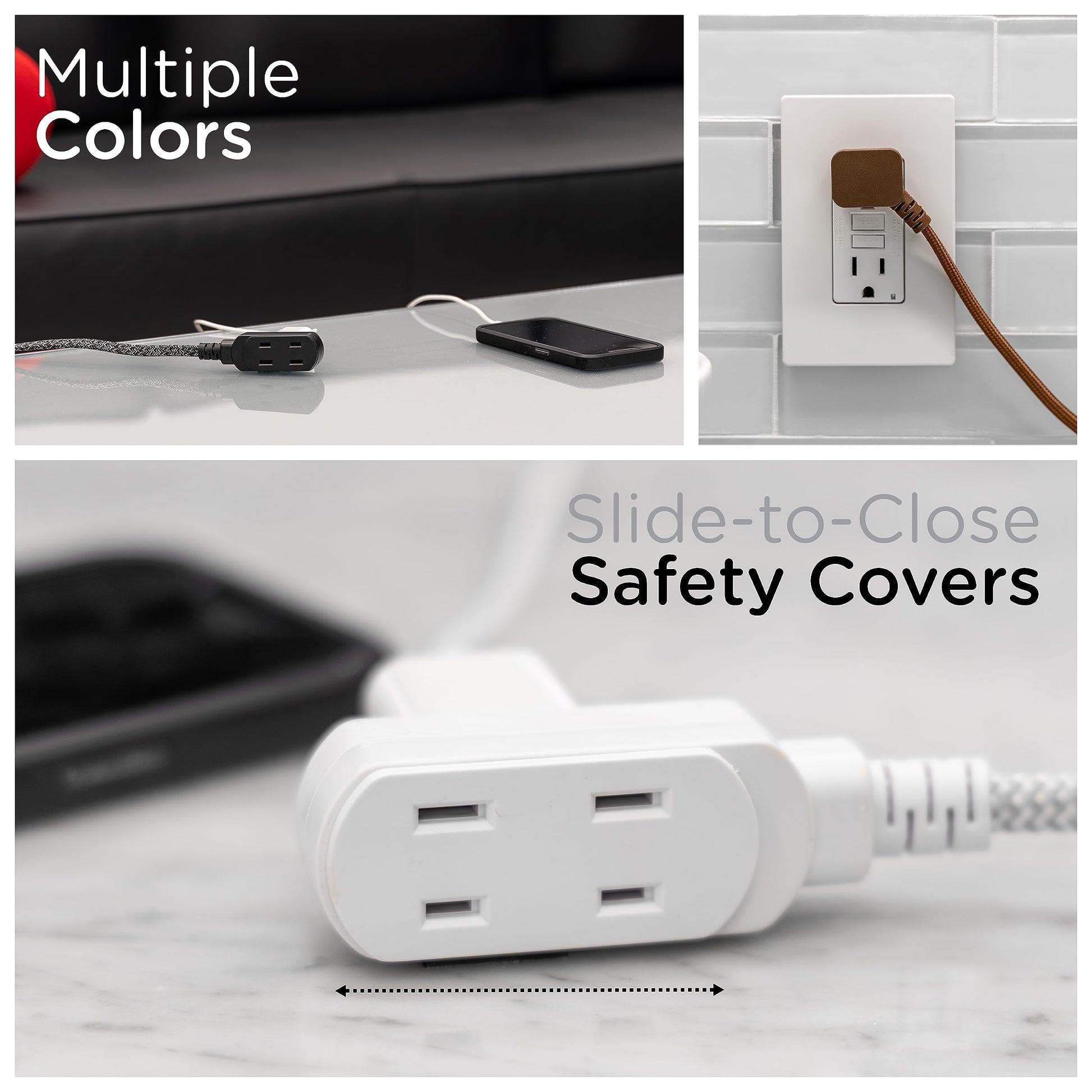 Cordinate Designer, Extension Electrica de 3 salidas polarizadas, Cable Trenzado de 2.4 m (8 pies), Sistema de Seguridad para Trabar, Enchufe Plano, Certificacion ETL Blanco/Gris 1 paquete ‎39980